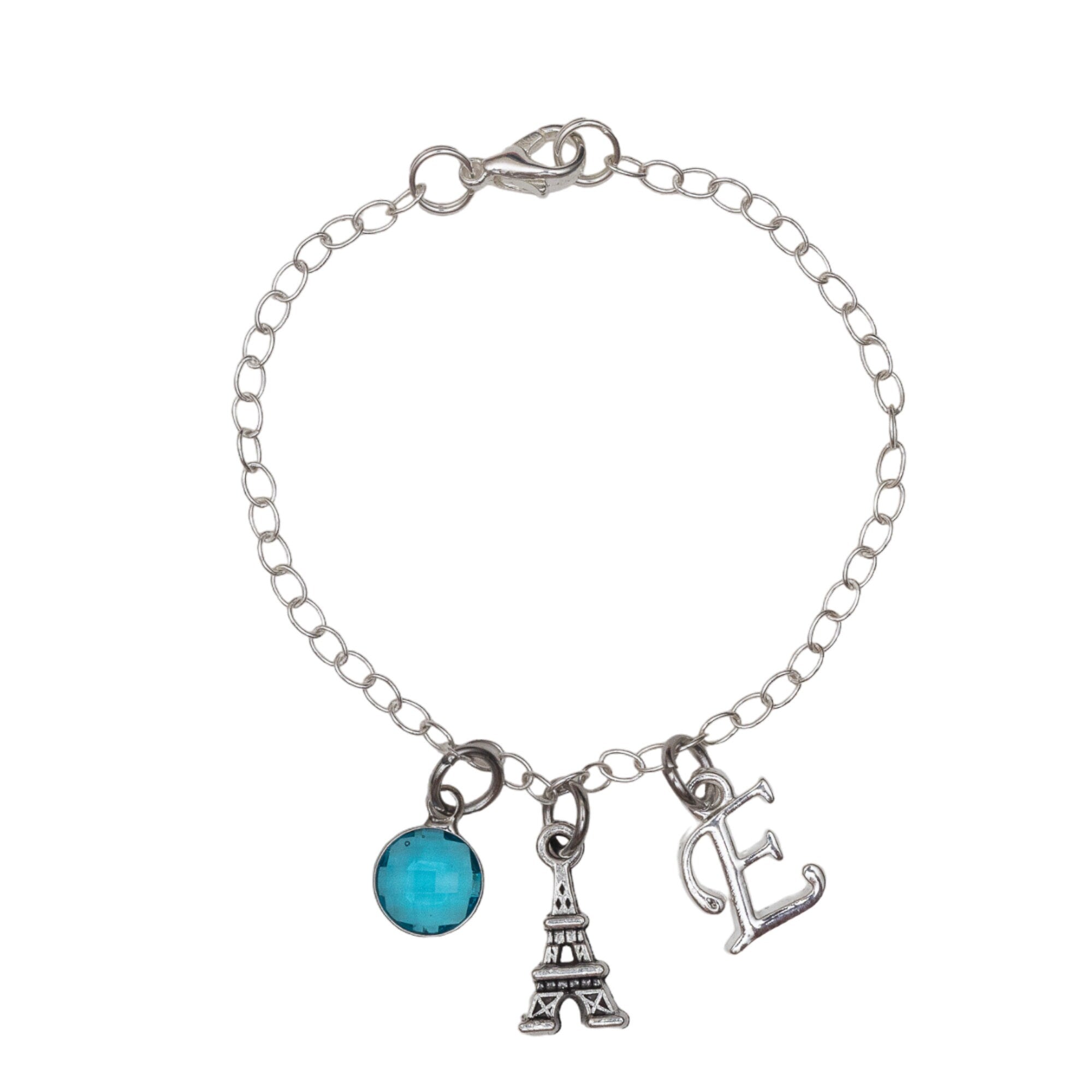 Paris bracelet, personalised gifts, Eiffel tower jewellery, birthstone initial charm, France surprise trip reveal, French theme accessory
