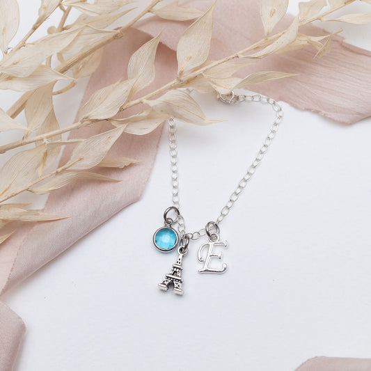 Paris bracelet, personalised gifts, Eiffel tower jewellery, birthstone initial charm, France surprise trip reveal, French theme accessory
