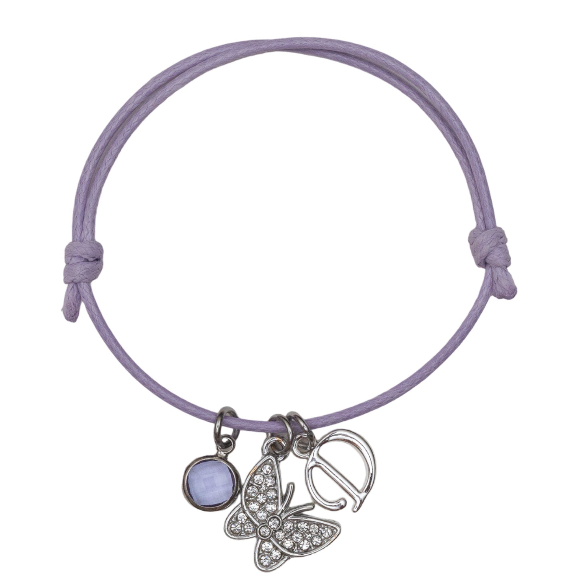 Butterfly bracelet, waxed cord adjustable, personalised gifts, rhinestone insect jewellery, birthstone letter,  friendship butterflies gift