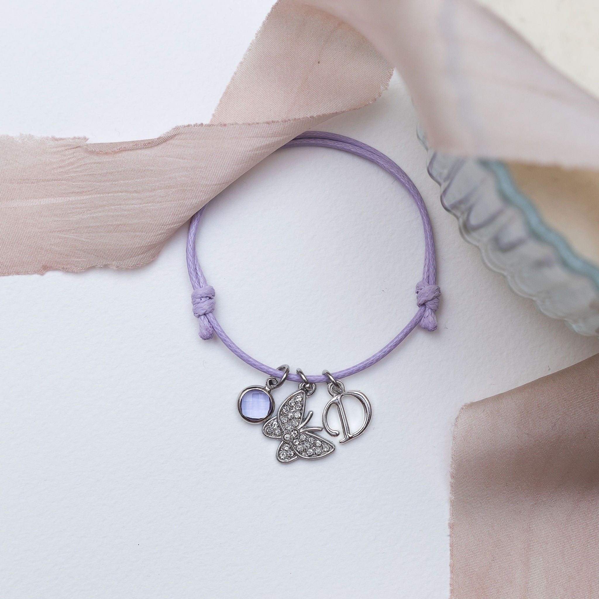 Butterfly bracelet, waxed cord adjustable, personalised gifts, rhinestone insect jewellery, birthstone letter,  friendship butterflies gift