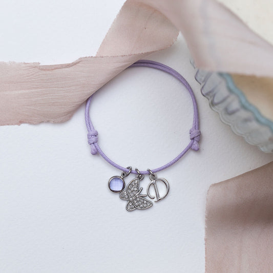 Butterfly bracelet, waxed cord adjustable, personalised gifts, rhinestone insect jewellery, birthstone letter,  friendship butterflies gift