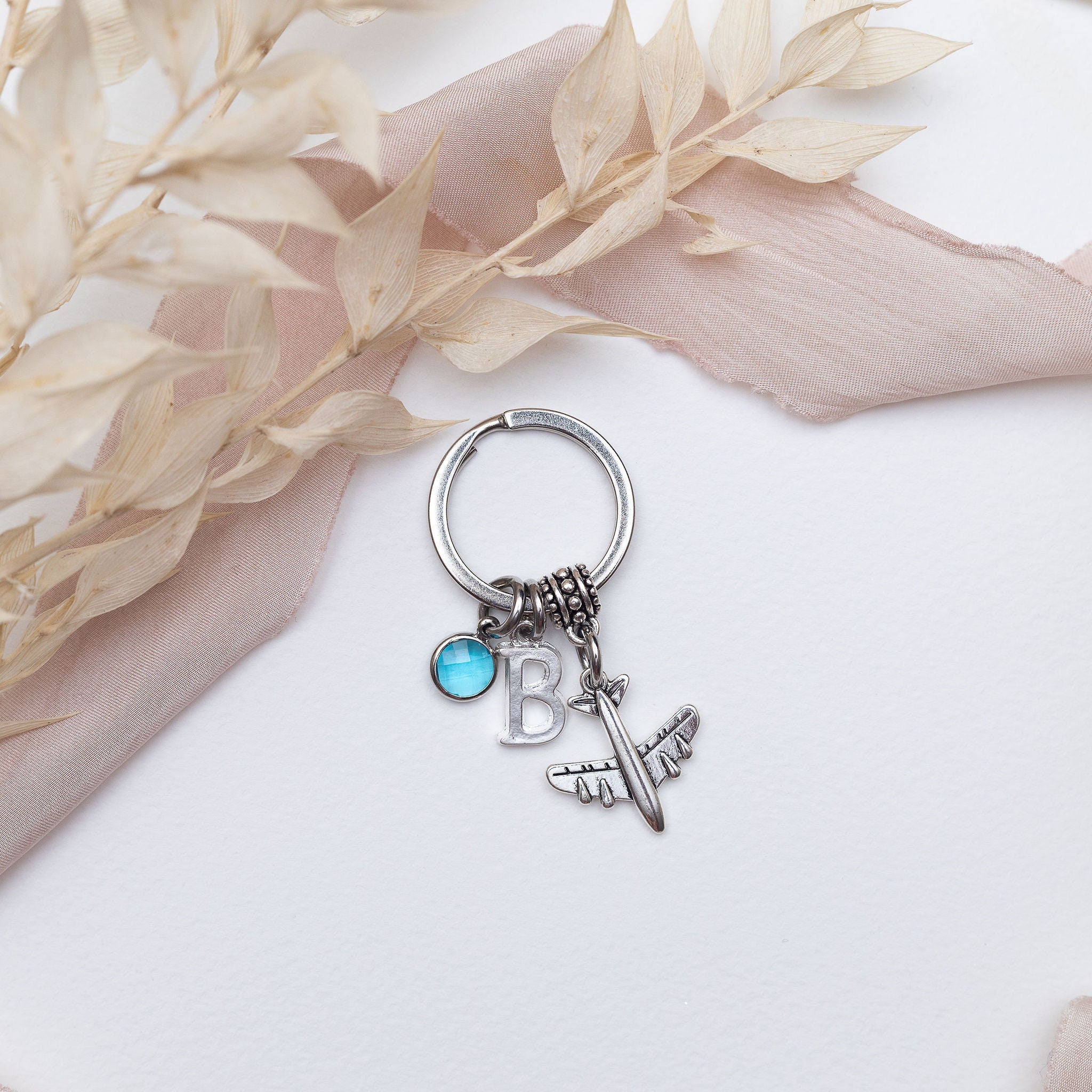 Aeroplane keyring, plane keychain, personalised gifts, birthstone letter, travel agent gift, pilot air stewardess, traveller keepsake