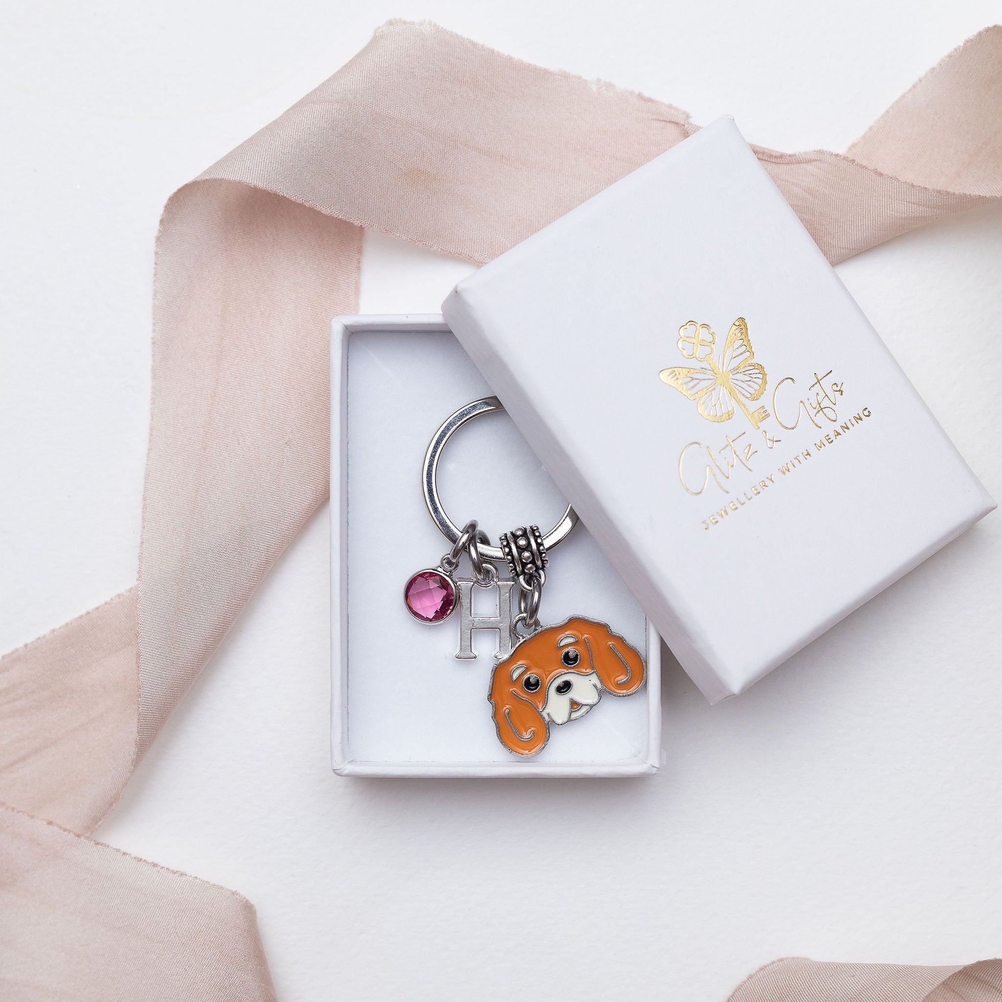 Cavalier King Charles keyring, personalised gifts, birthstone letter, new puppy owner gift, pet loss, dog walker thank you, blenheim spaniel