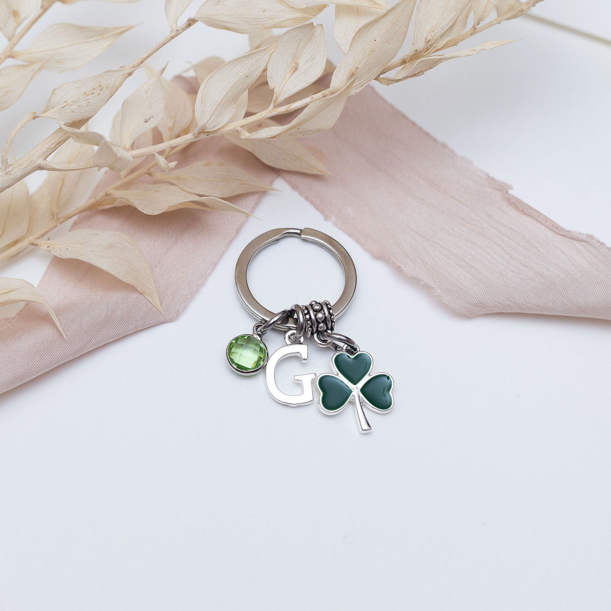 Clover Keyring: Personalised Birthstone Letter Charm, Shamrock Gift