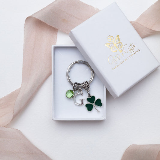 Clover Keyring: Personalised Birthstone Letter Charm, Shamrock Gift