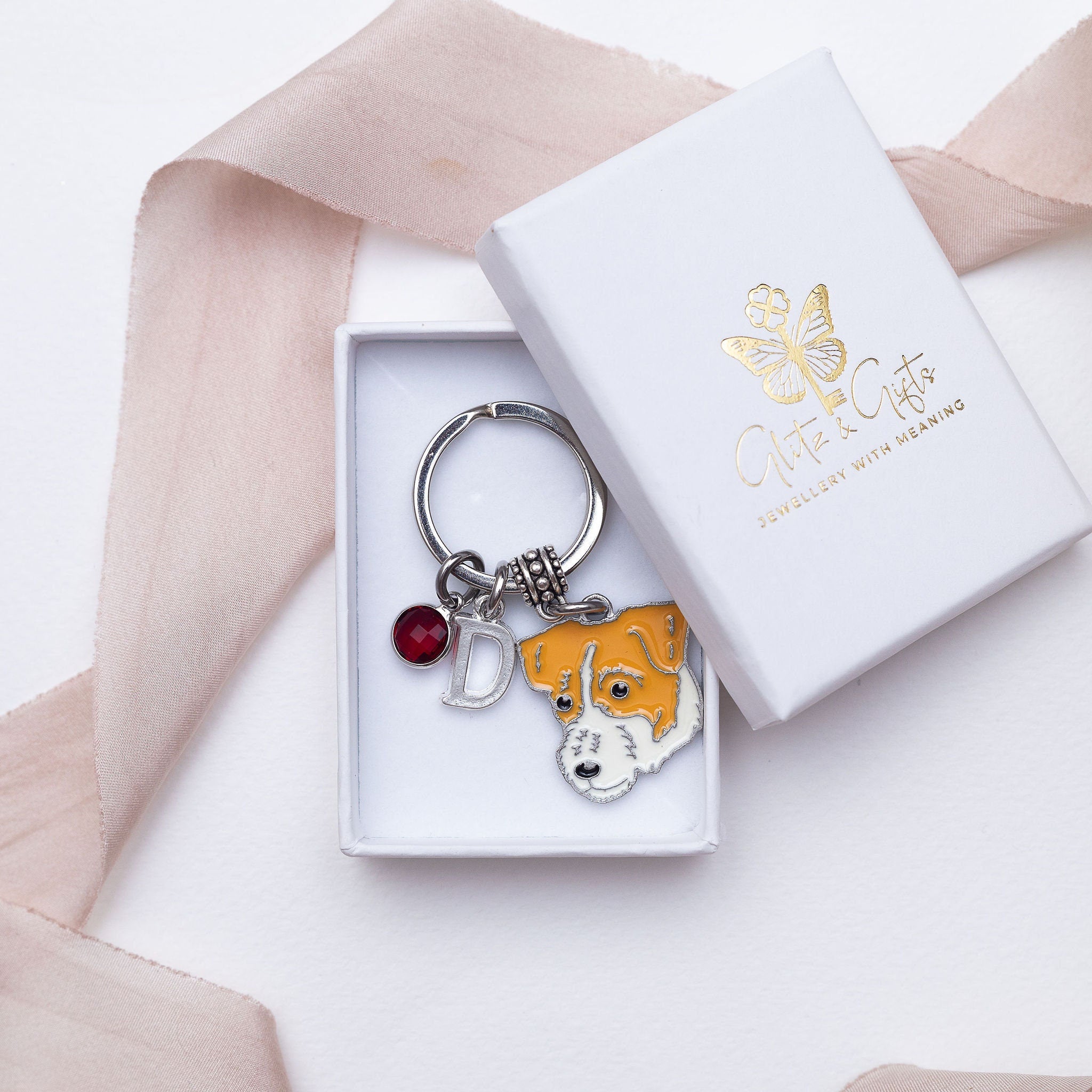 Personalised Jack Russell Keyring: Birthstone Letter Charm, Dog Memorial