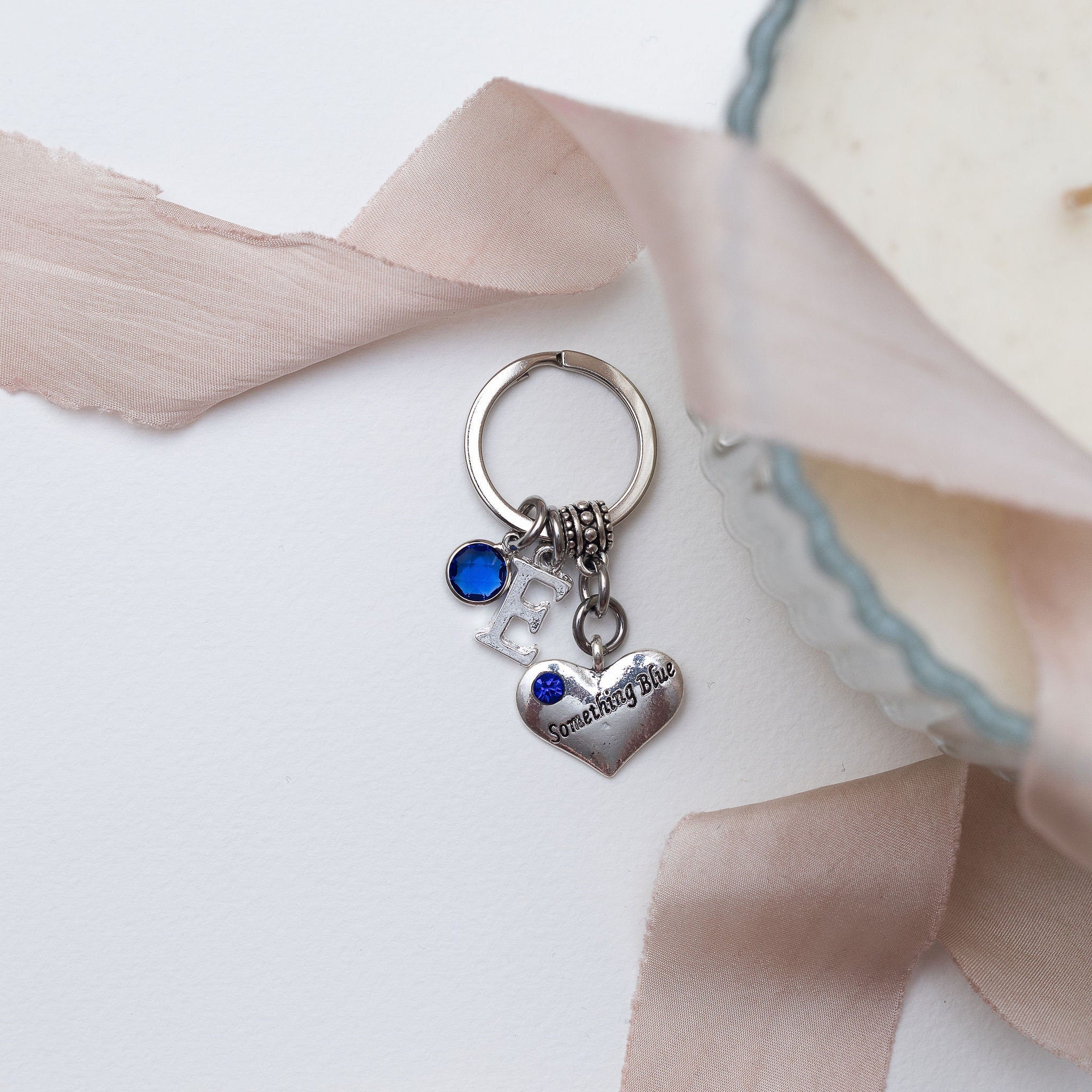 Something blue keyring, personalised gifts, birthstone letter, bride gift, wedding hen party, bridal keepsake, heart bag charm