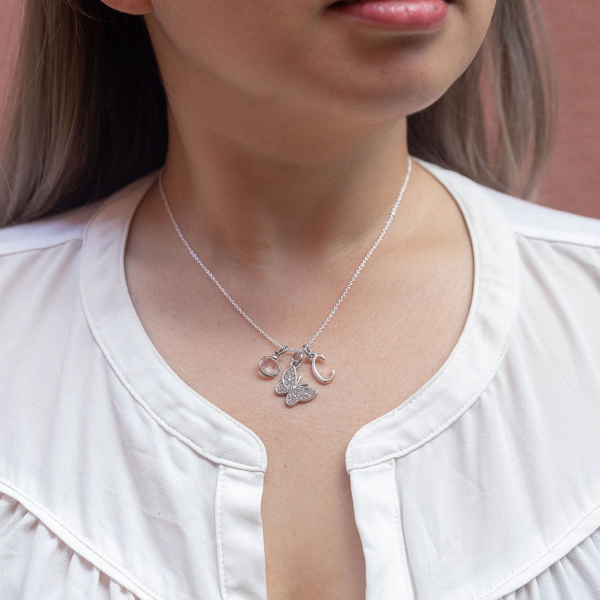 Butterfly necklace, personalised gifts, birthstone initial letter, rhinestone insect pendant, wing jewellery, friendship butterflies gift