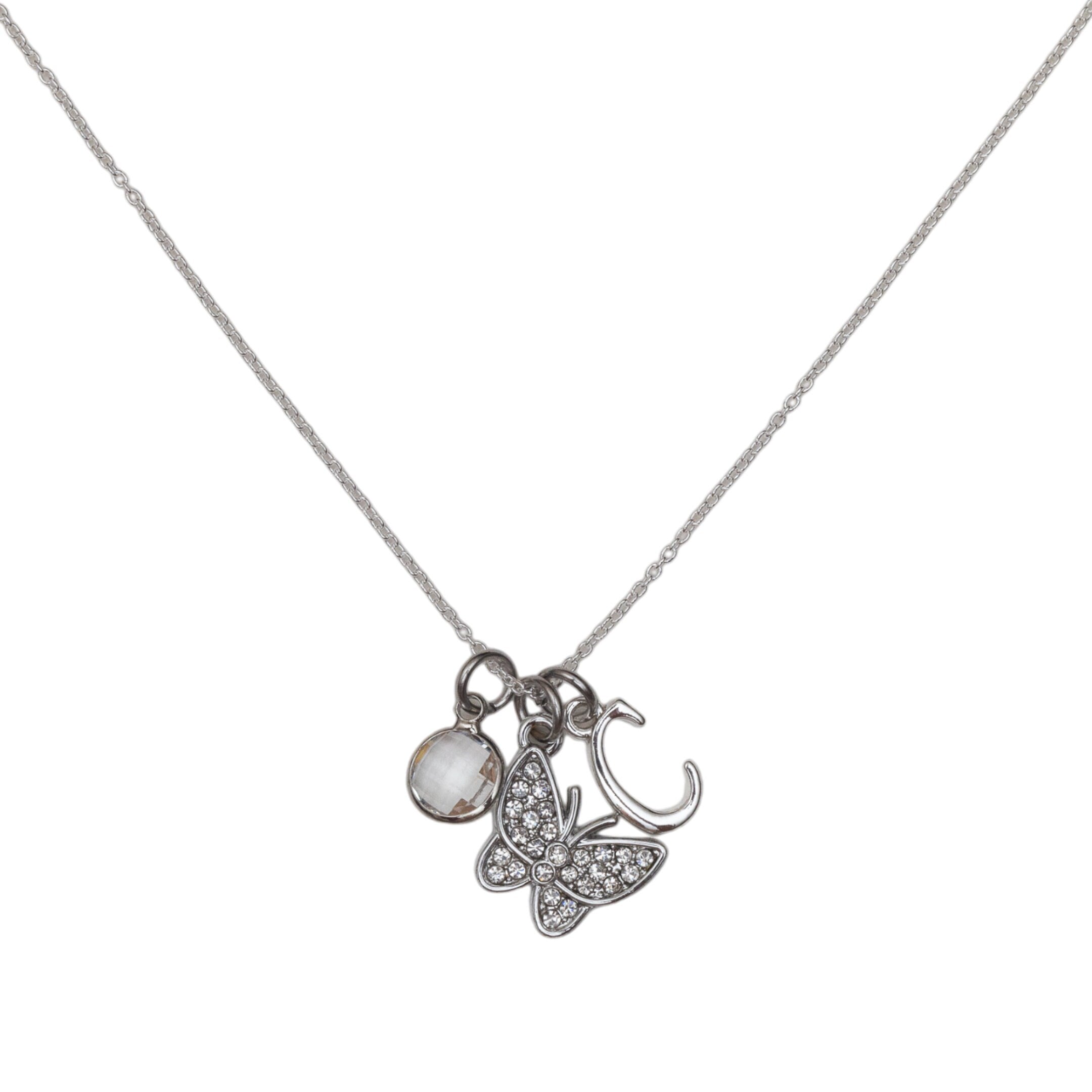 Butterfly Charm Necklace: Rhinestone Pendant, Birthstone, Initial