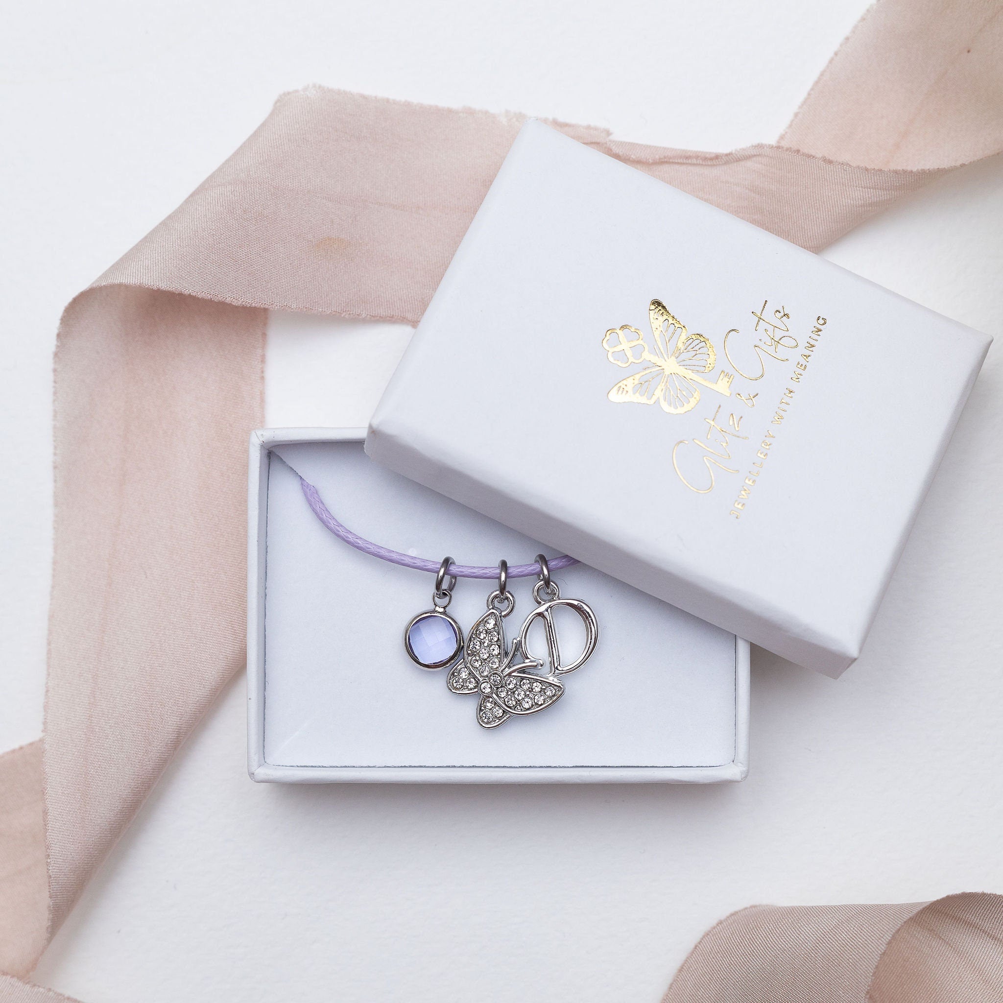 Butterfly bracelet, waxed cord adjustable, personalised gifts, rhinestone insect jewellery, birthstone letter,  friendship butterflies gift
