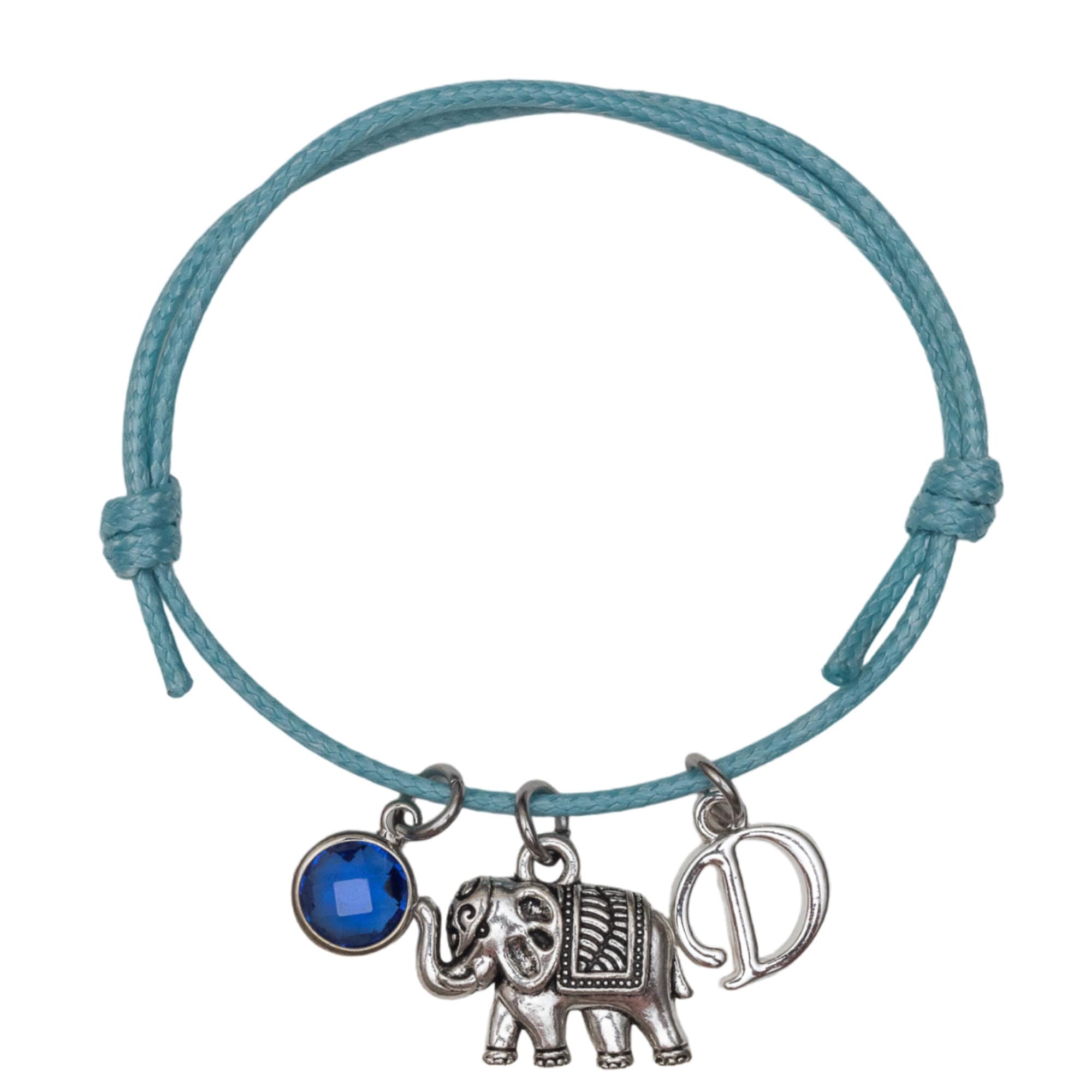 Elephant Charm Bracelet: Personalised Birthstone Initial, Adjustable Cord