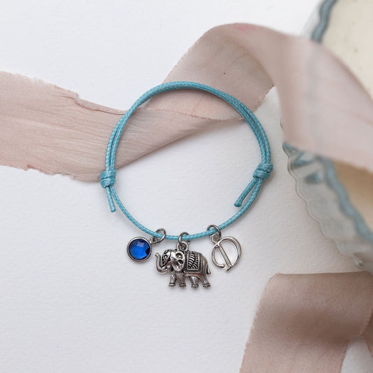 Elephant bracelet, waxed cord adjustable, personalised gifts, jungle animal jewellery, birthstone letter,  lucky charm, friendship gift
