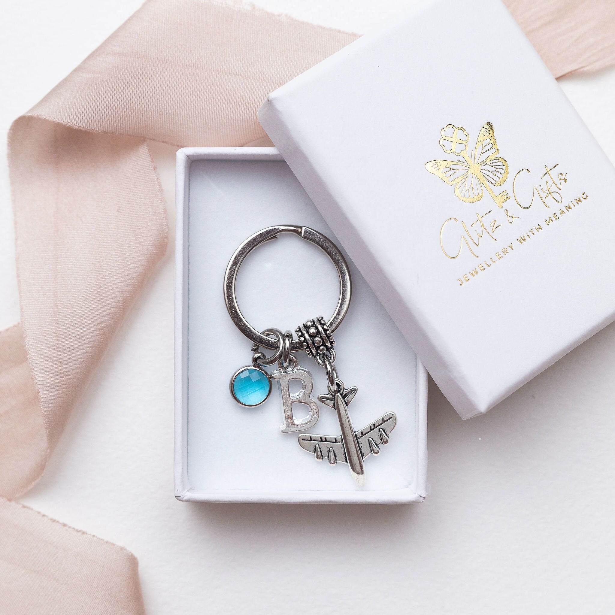 Aeroplane keyring, plane keychain, personalised gifts, birthstone letter, travel agent gift, pilot air stewardess, traveller keepsake