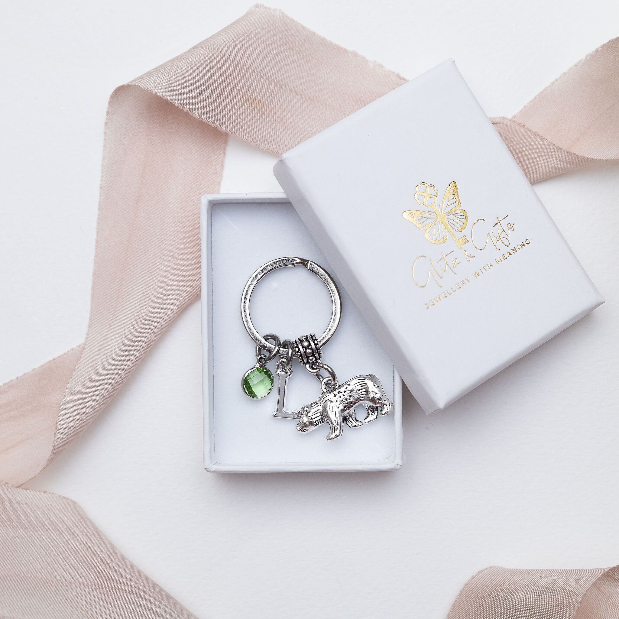 Bear keyring, personalised gifts, birthstone letter, animal cub gift, sending a bear hug