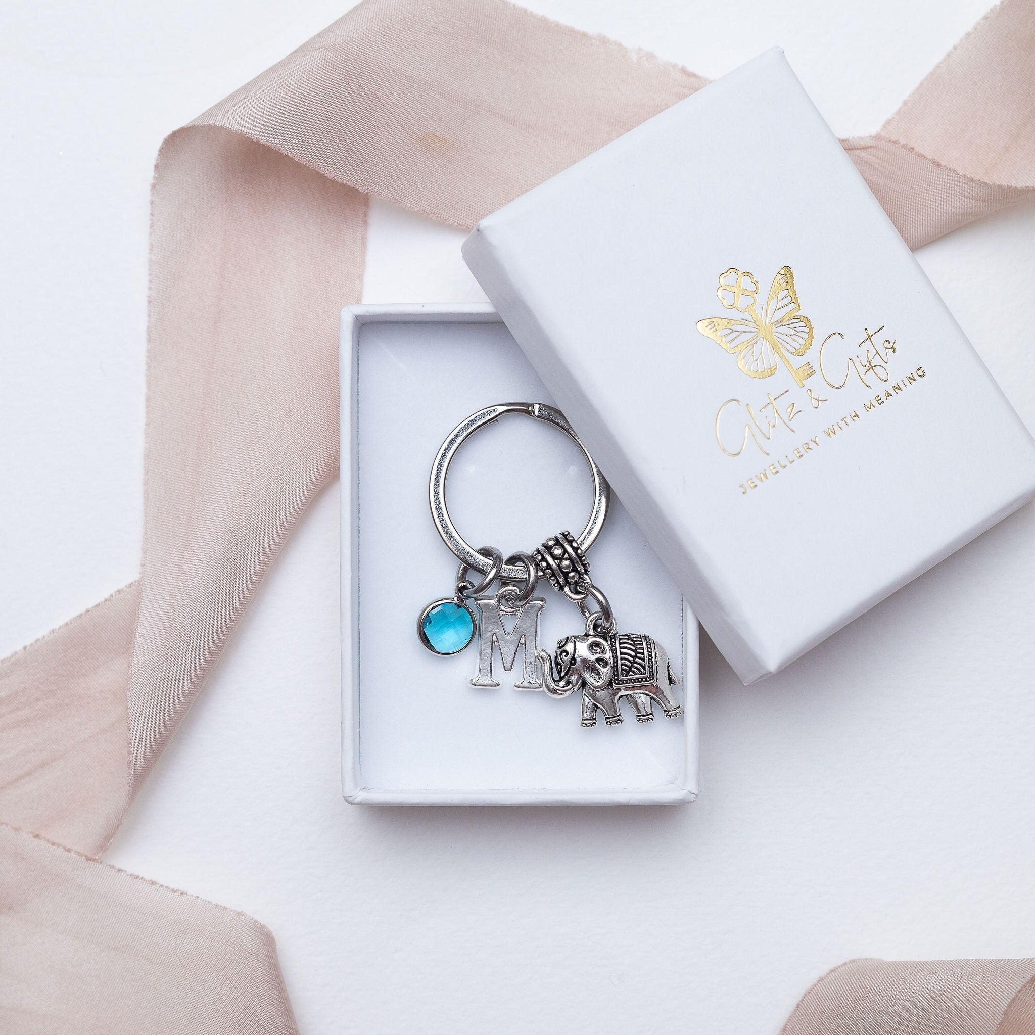 Elephant keyring, personalised gifts, birthstone letter, good luck gift, lucky charm, jungle animal keychain,
