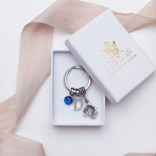 Graduation keyring, personalised gifts, birthstone letter, congratulations gift, 2025 graduate, diploma scroll, well done, doctorial hat