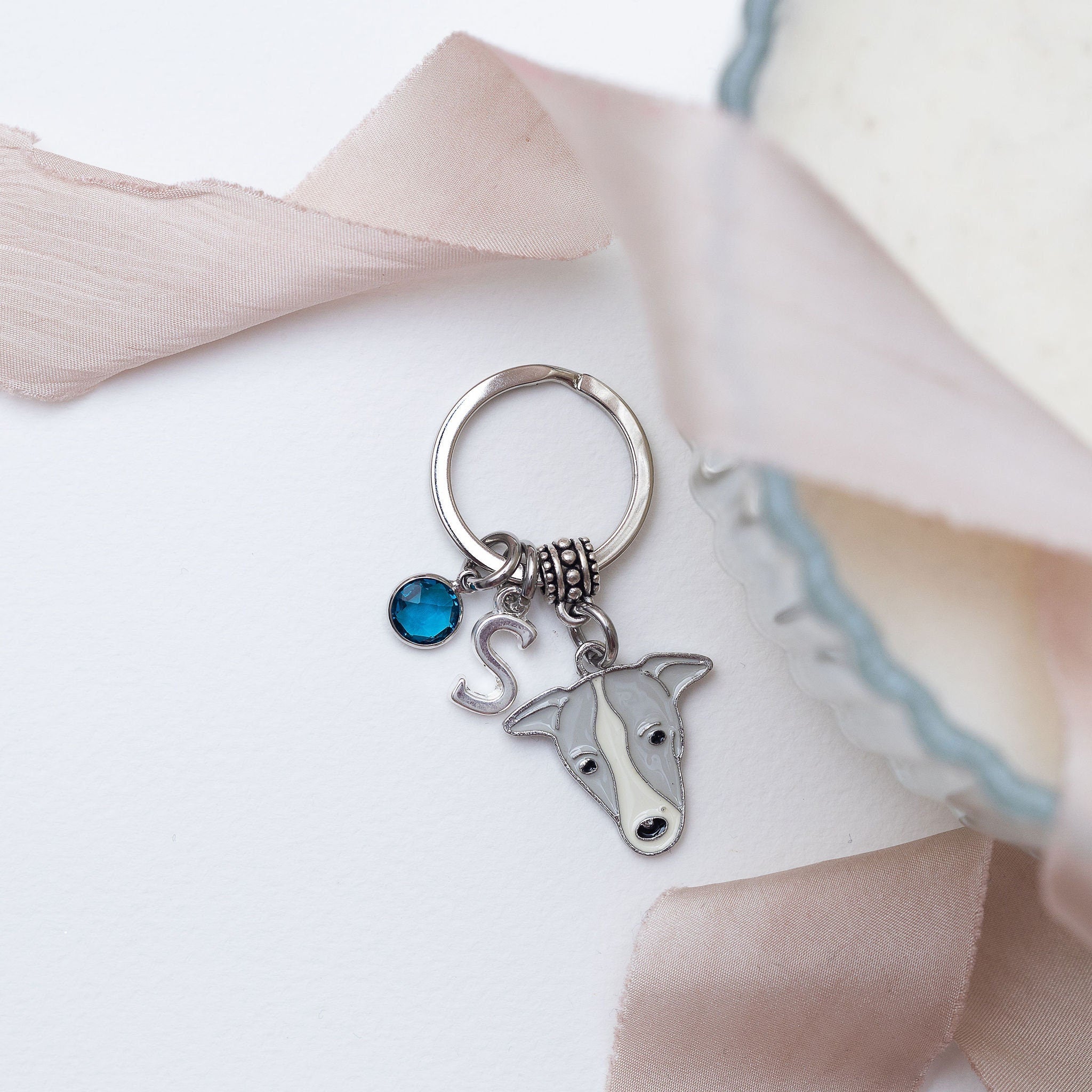Enamel greyhound keyring, personalised gifts, birthstone, new puppy gift, rescue dog owner, animal bag charm, pet loss keepsake, dog walker