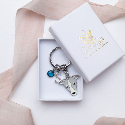 Enamel greyhound keyring, personalised gifts, birthstone, new puppy gift, rescue dog owner, animal bag charm, pet loss keepsake, dog walker