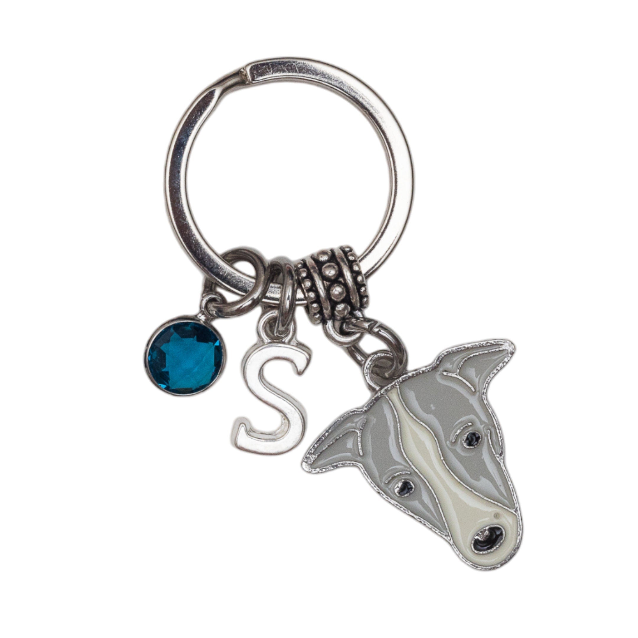 Enamel greyhound keyring, personalised gifts, birthstone, new puppy gift, rescue dog owner, animal bag charm, pet loss keepsake, dog walker