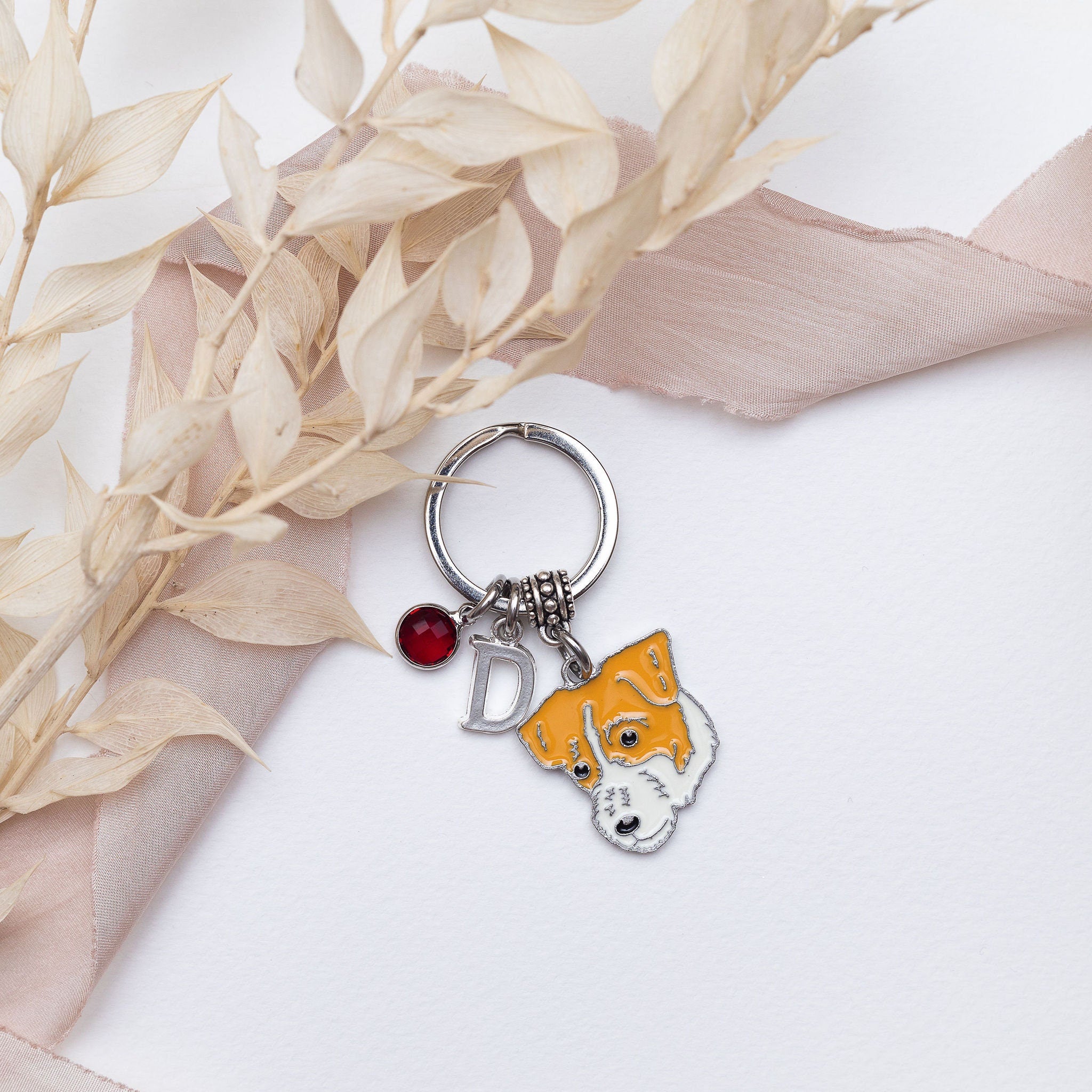 Personalised Jack Russell Keyring: Birthstone Letter Charm, Dog Memorial