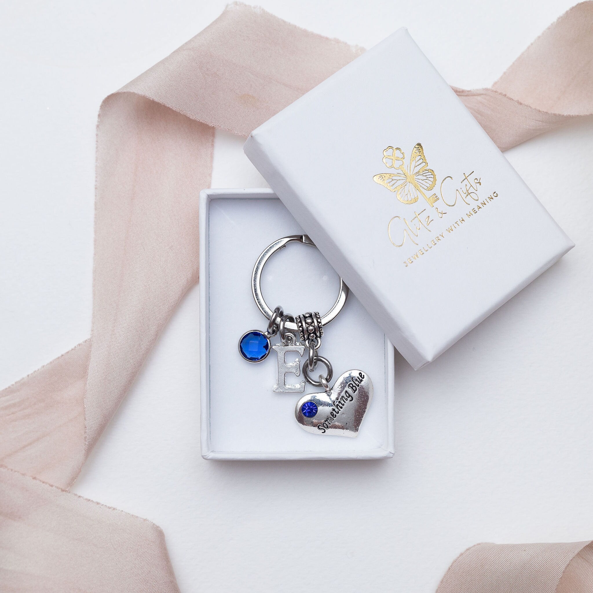 Something blue keyring, personalised gifts, birthstone letter, bride gift, wedding hen party, bridal keepsake, heart bag charm
