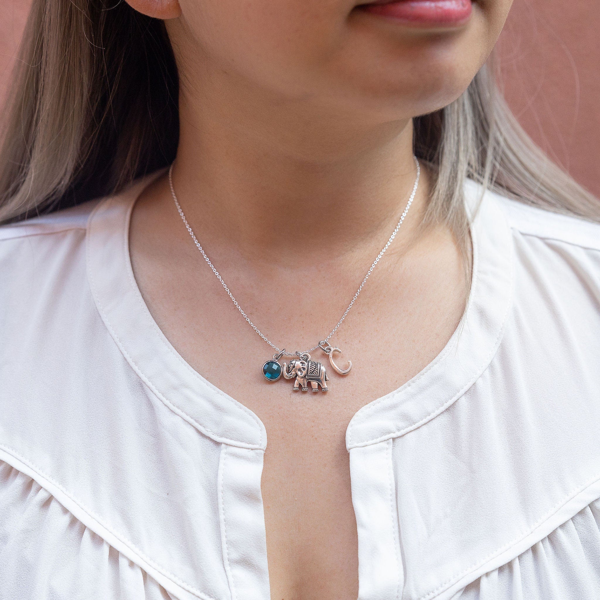 Elephant Charm Necklace: Personalised Birthstone Initial Pendant