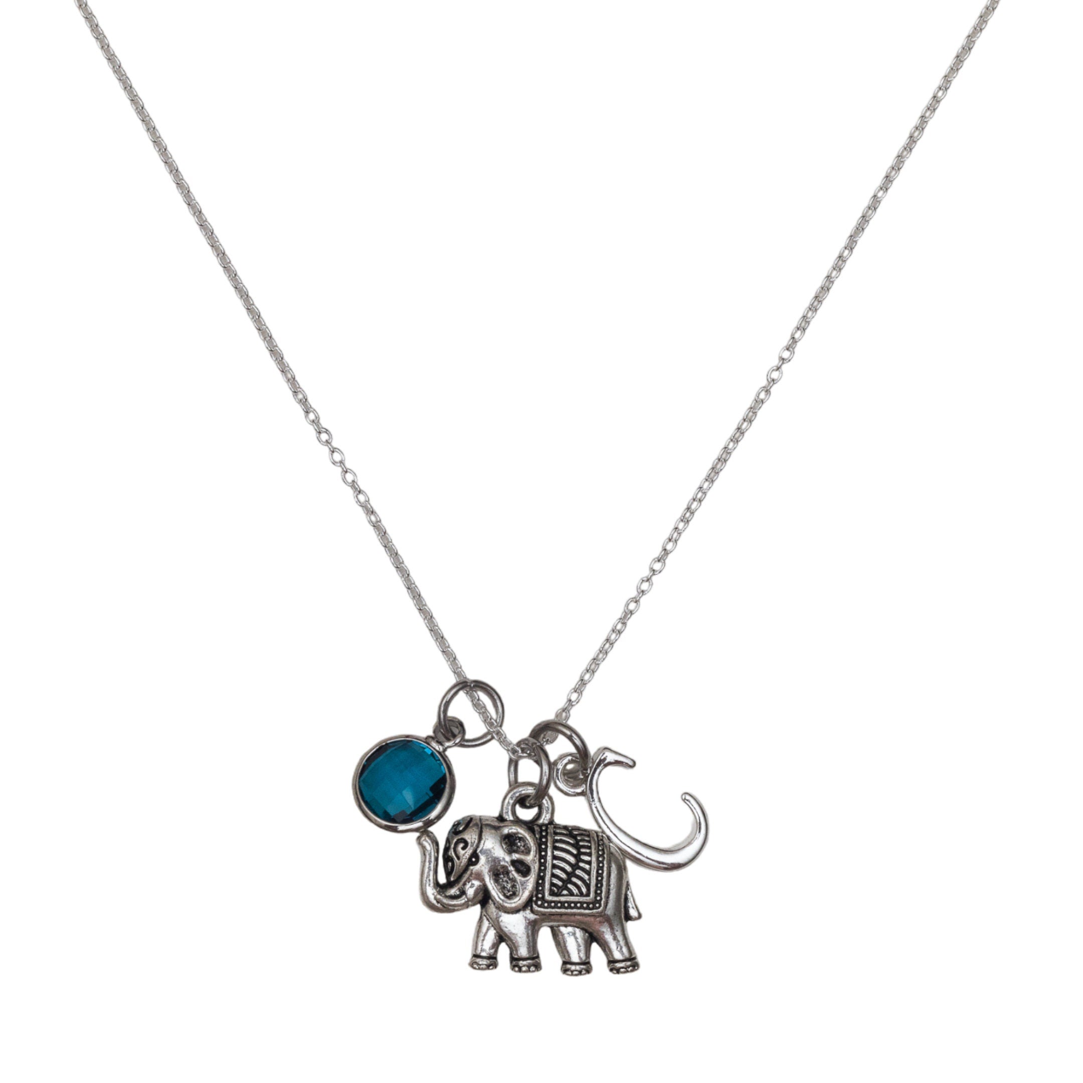 Elephant Charm Necklace: Personalised Birthstone Initial Pendant