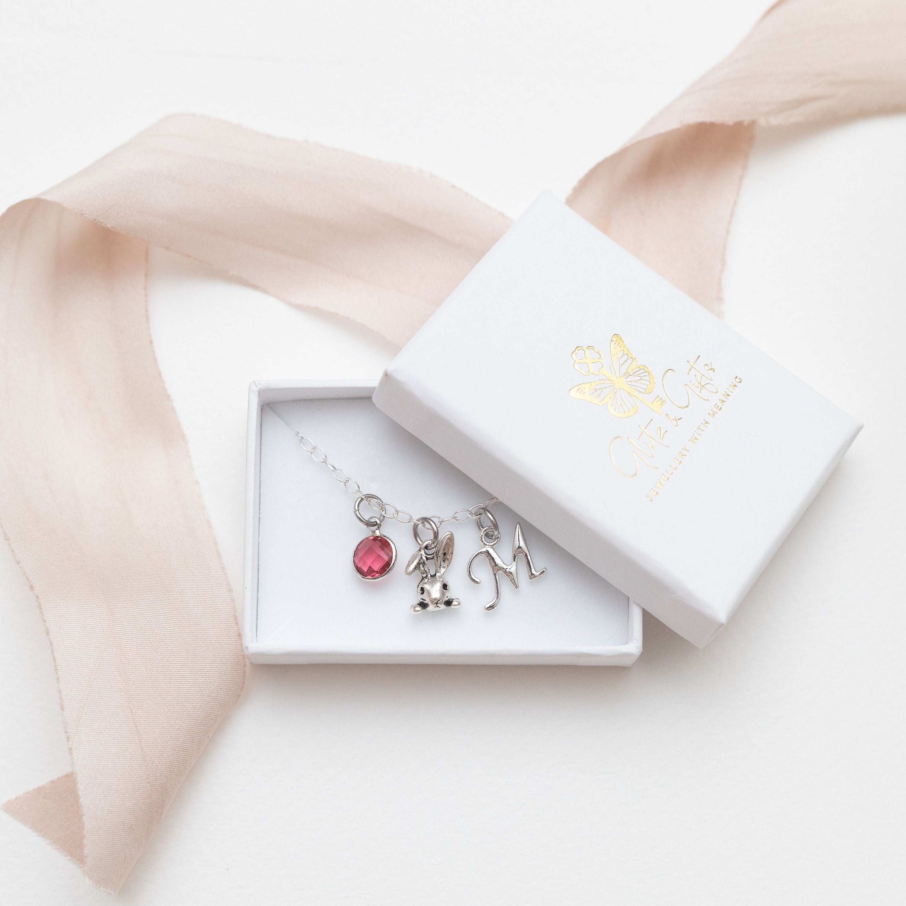 Rabbit bracelet, personalised Easter gifts, bunny rabbit jewellery, birthstone initial charm, pet loss keepsake, cute animal gift