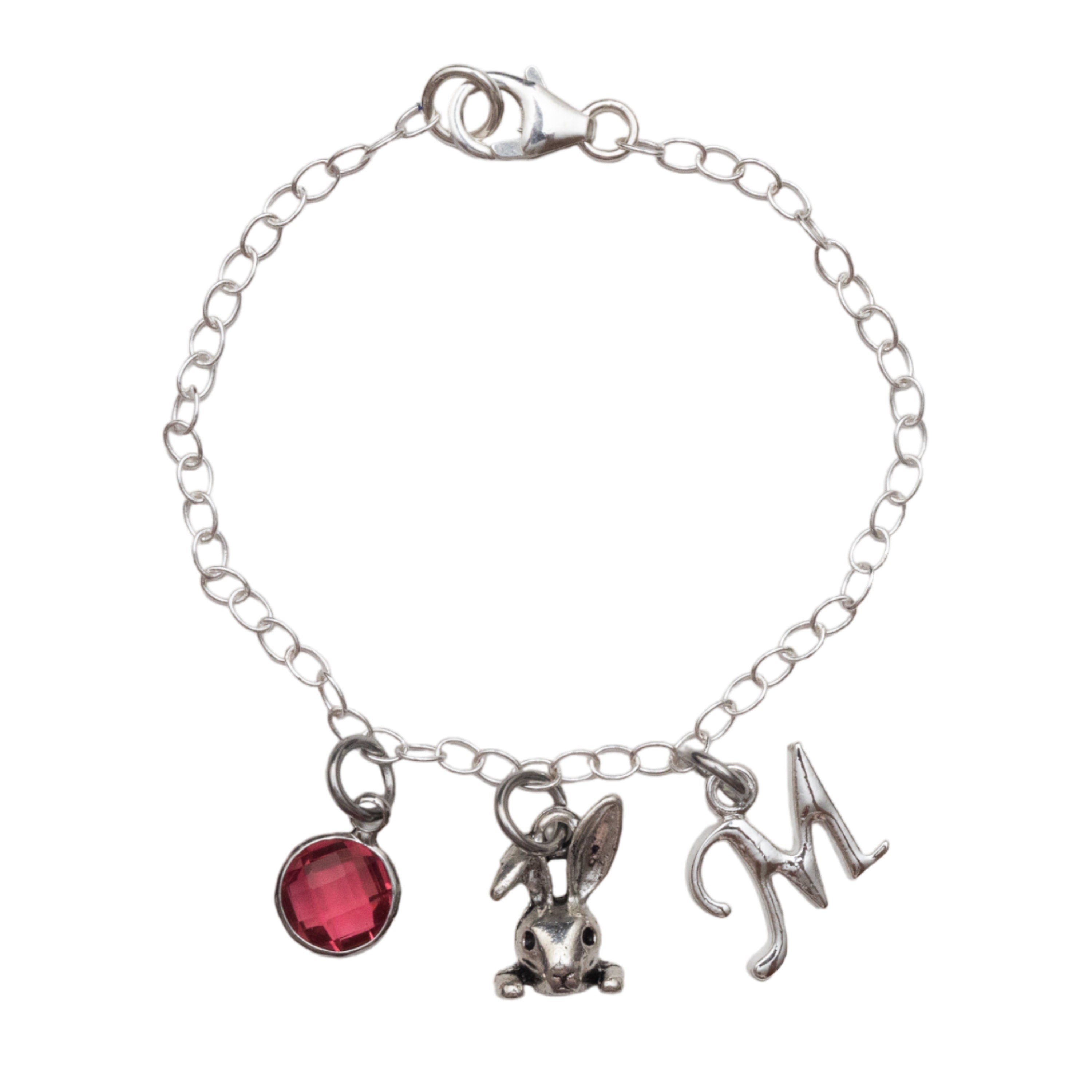 Rabbit bracelet, personalised Easter gifts, bunny rabbit jewellery, birthstone initial charm, pet loss keepsake, cute animal gift