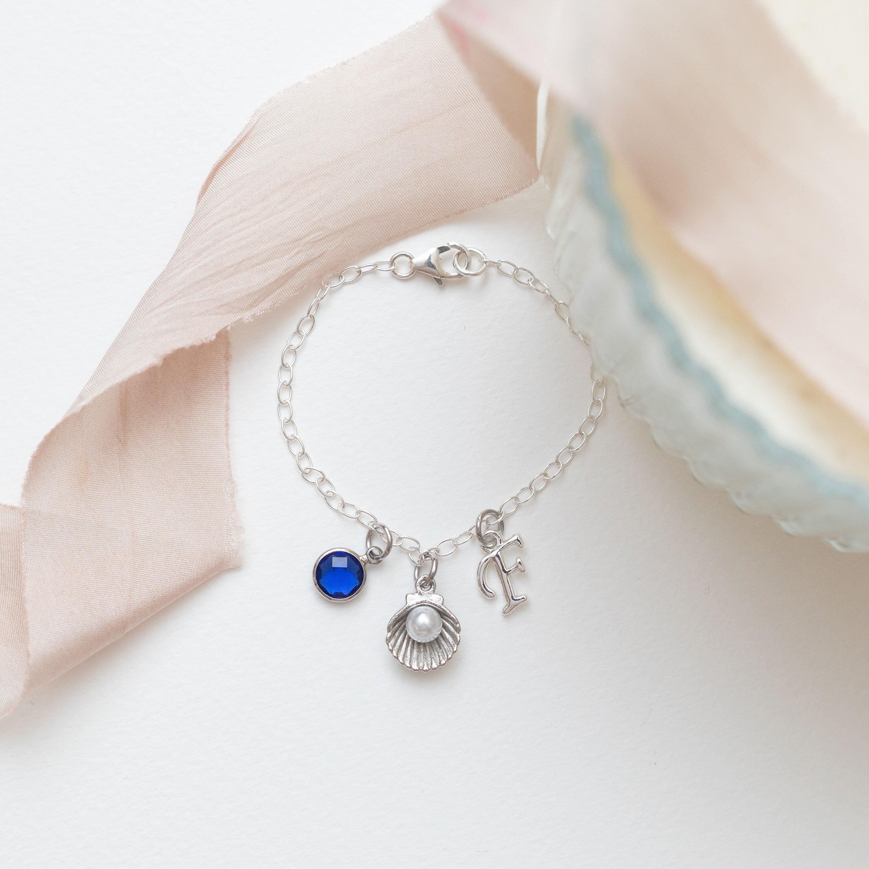 Shell bracelet, personalised gifts, pearl jewellery, birthstone initial charm, beach lover, friendship bracelet, sea ocean gift