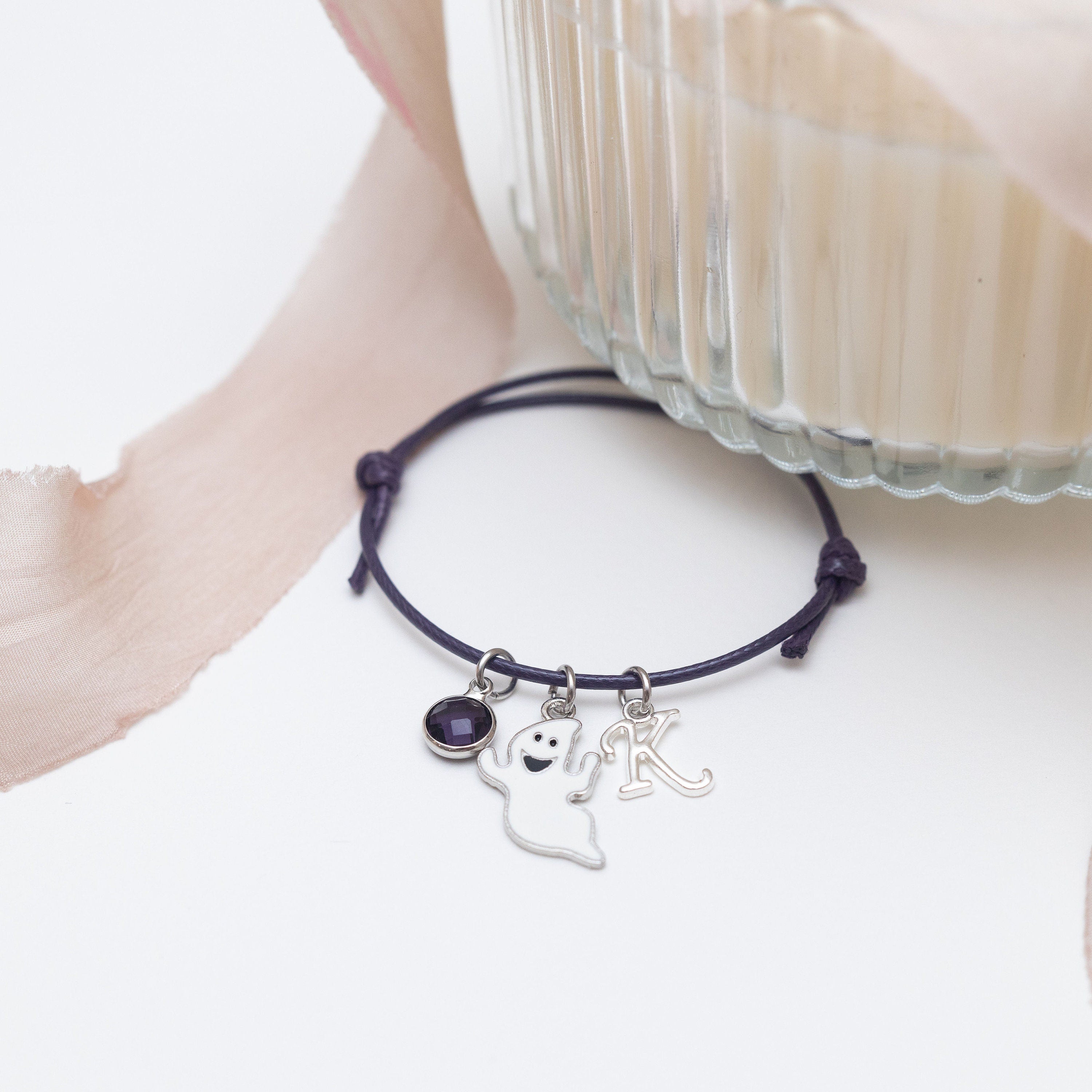 Ghost bracelet, waxed cord adjustable, personalised gifts, Halloween jewellery, spooky season charm,  October birthday gift, ghost hunter