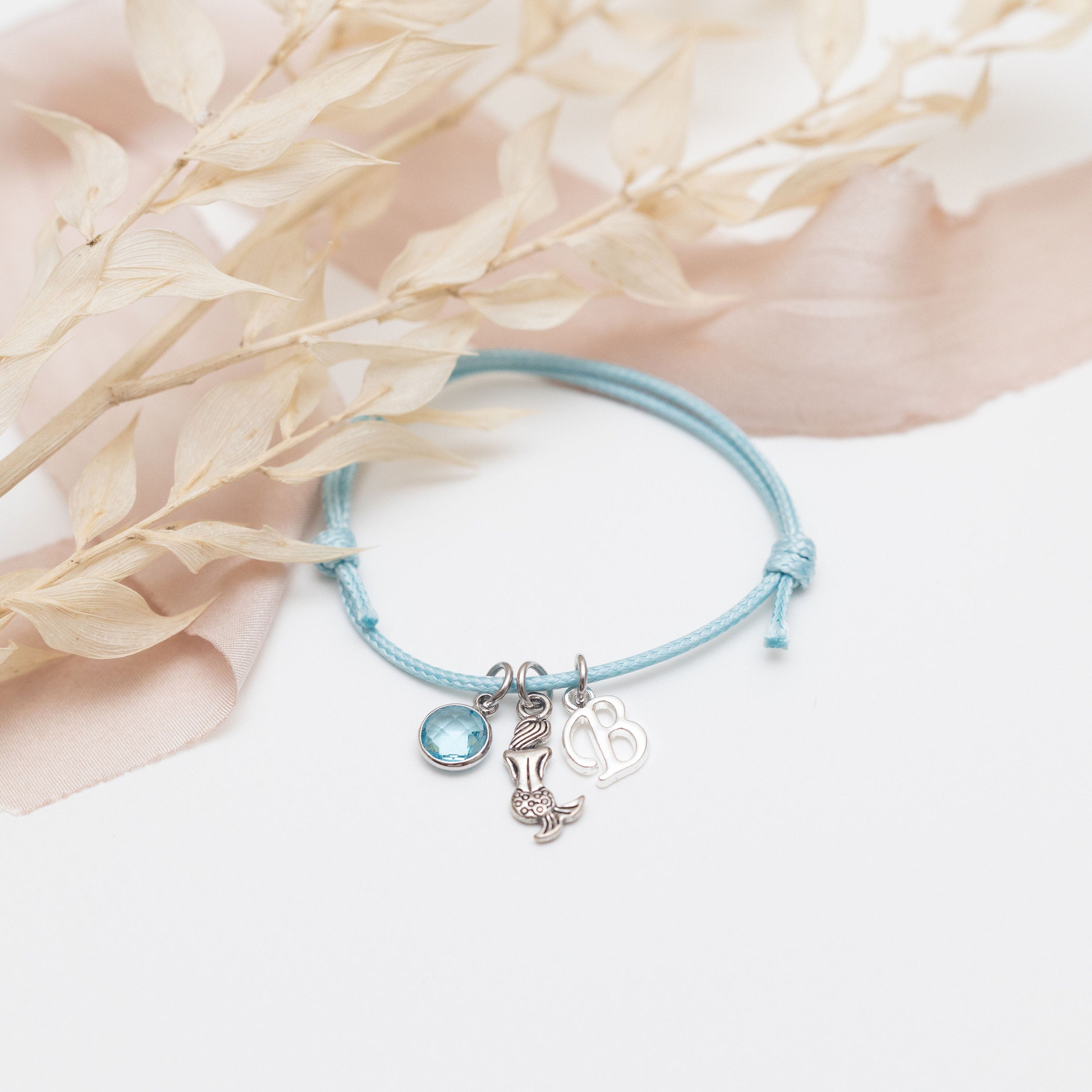 Personalised Mermaid Charm Bracelet: Adjustable Waxed Cord, Initial & Birthstone