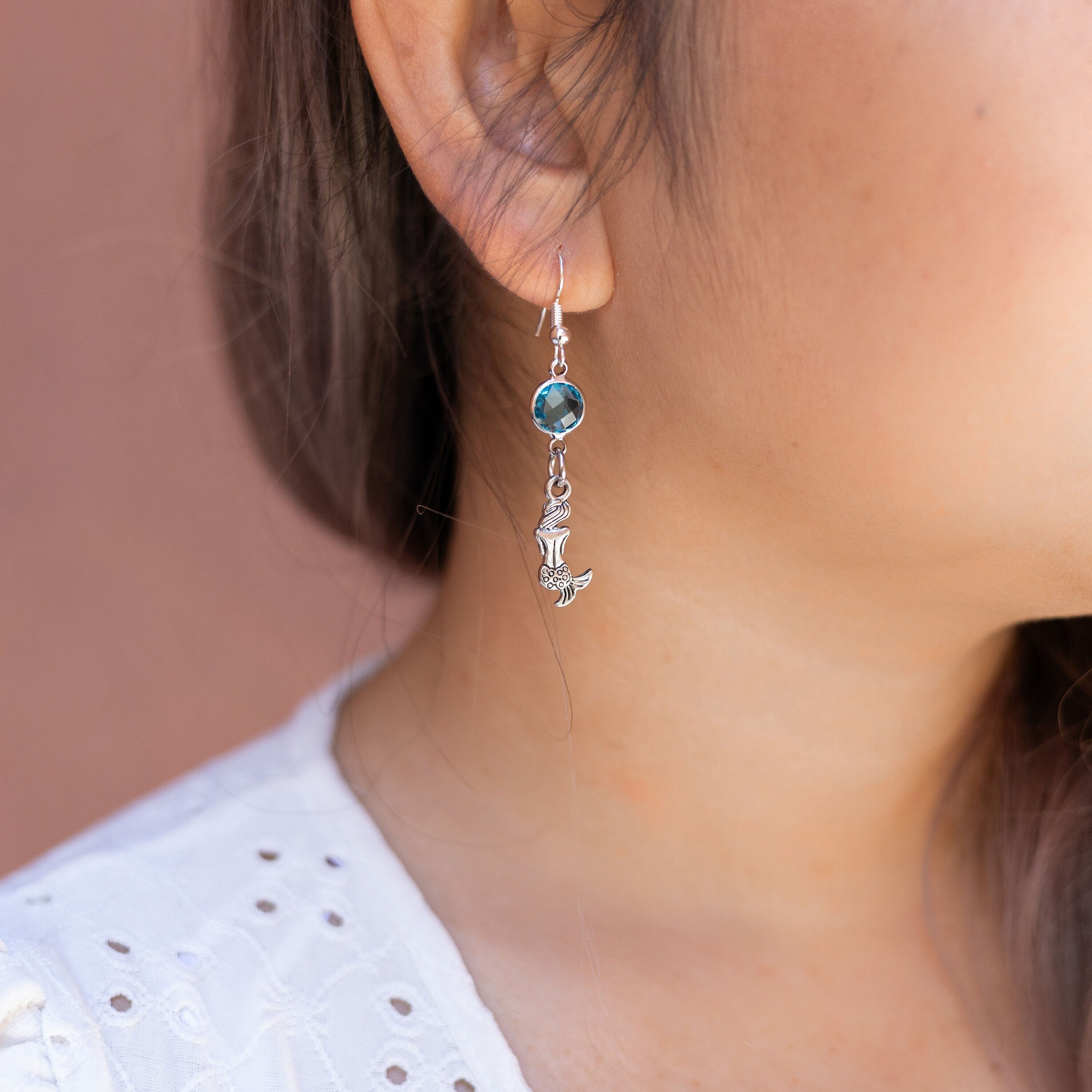 Mermaid earrings, birthstone jewellery, personalised gifts, sea creature gifts, beach lover gift, ocean swimming gift, mermaid gift