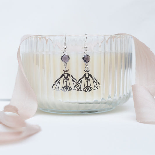 Moth earrings, birthstone charms, personalised gifts, filigree gothic jewellery, Halloween 2025, insect accessory, cicada gift, wing forest