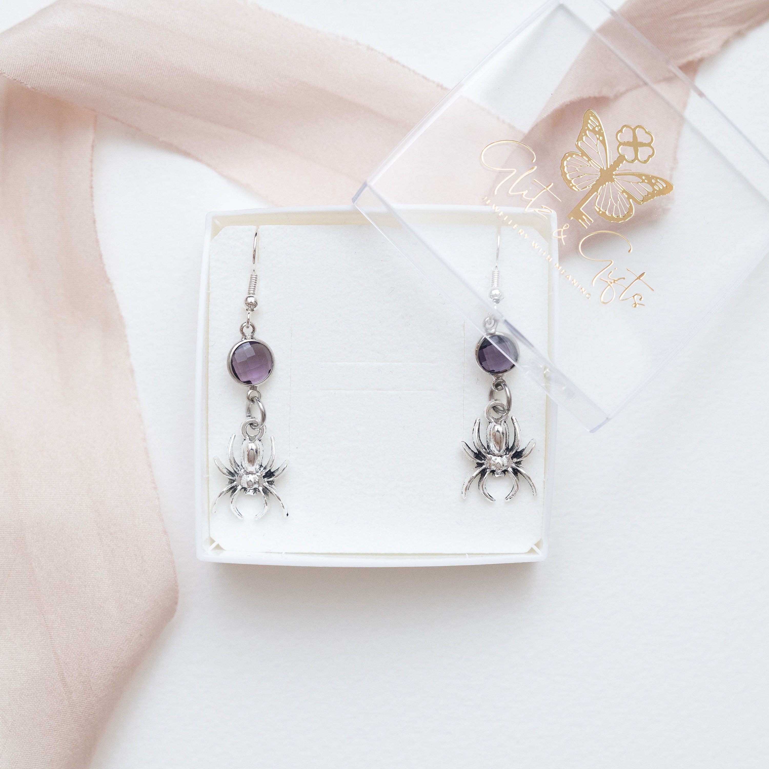 Spider earrings, birthstone jewellery, personalised gifts, tarantula gift, Halloween 2025, arachnid gift, spooky season, insect gift