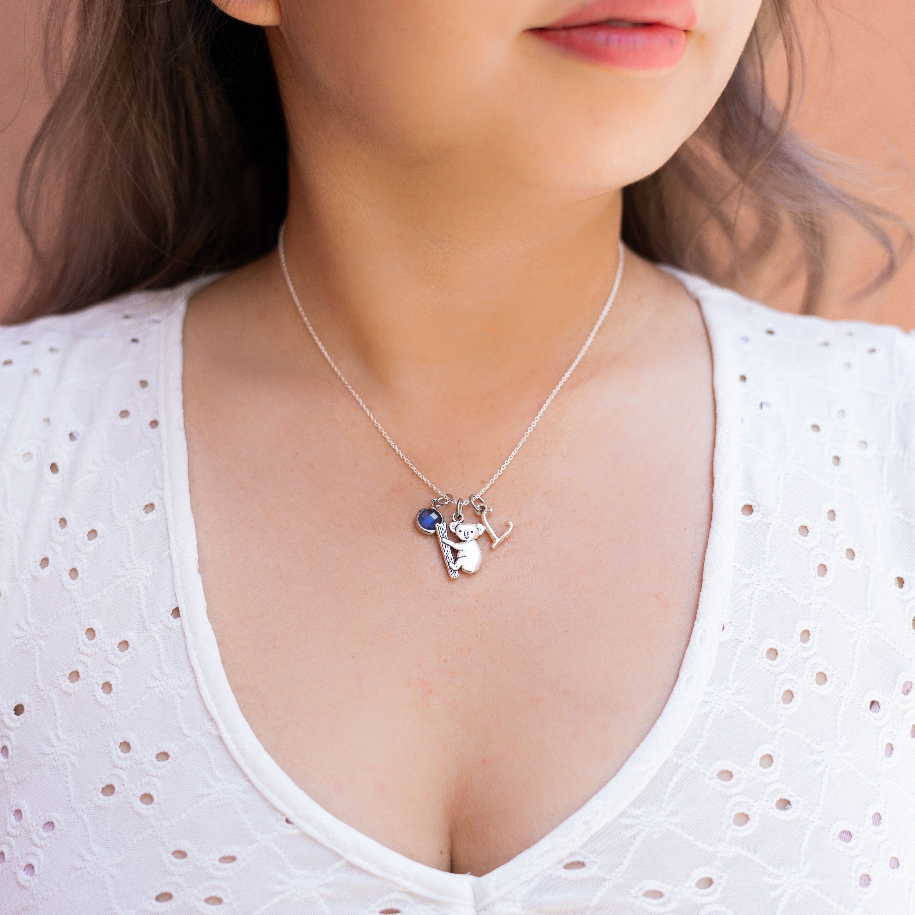 Koala bear necklace, personalised gifts, Australian trip reveal, Australia travel charm, animal theme jewellery, birthstone initial letter