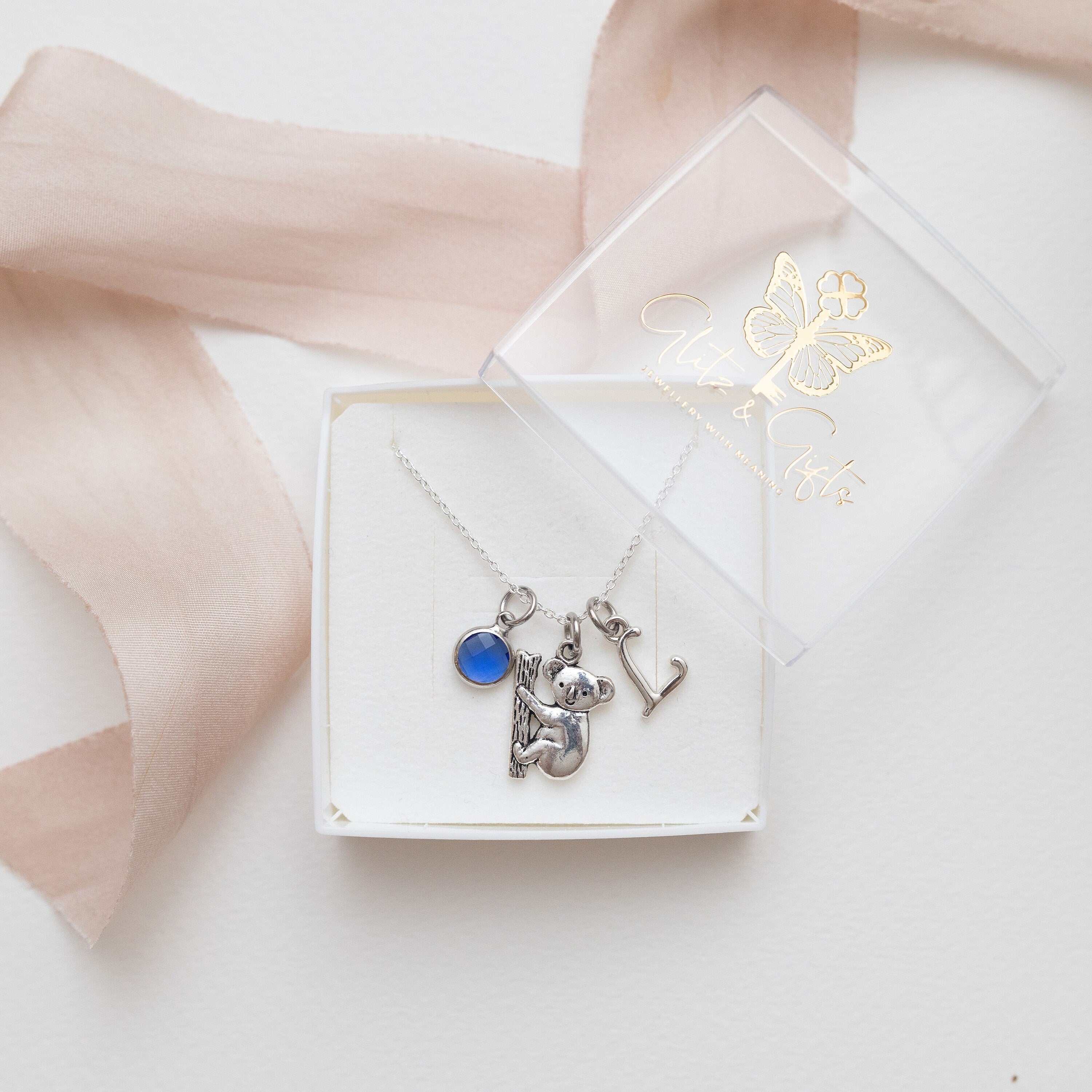 Koala bear necklace, personalised gifts, Australian trip reveal, Australia travel charm, animal theme jewellery, birthstone initial letter