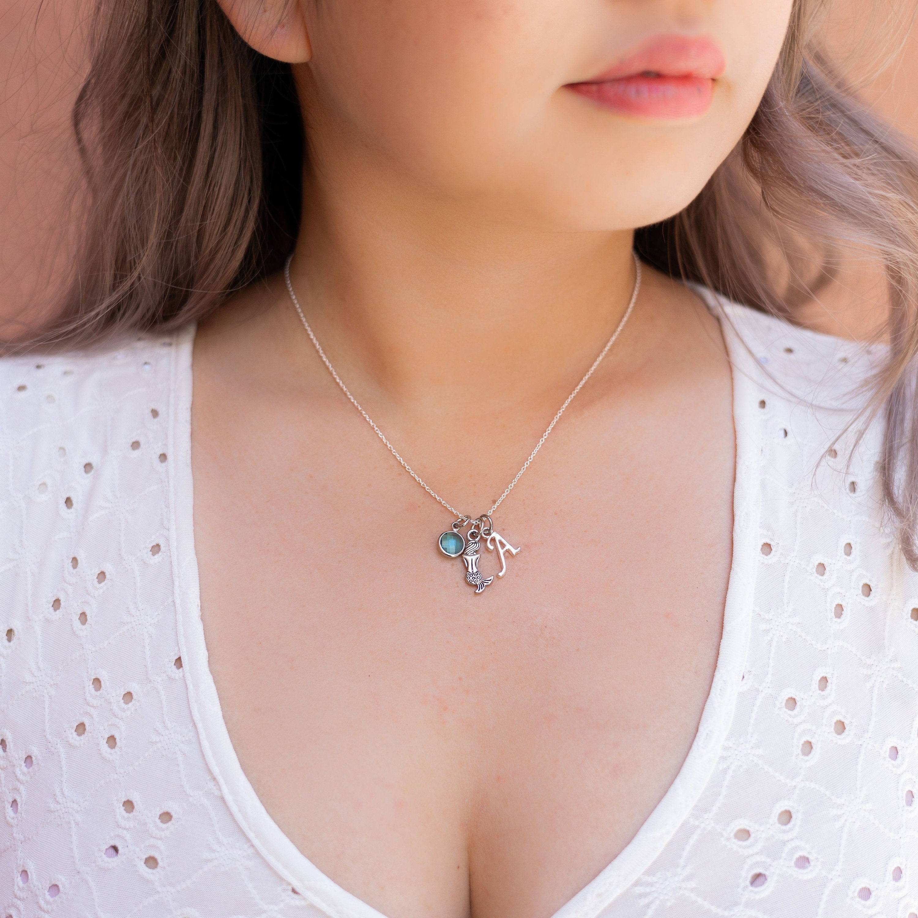 Mermaid necklace, personalised gifts, birthstone initial, sea creature gifts, beach lover gift, ocean swimming gift, mermaid gift