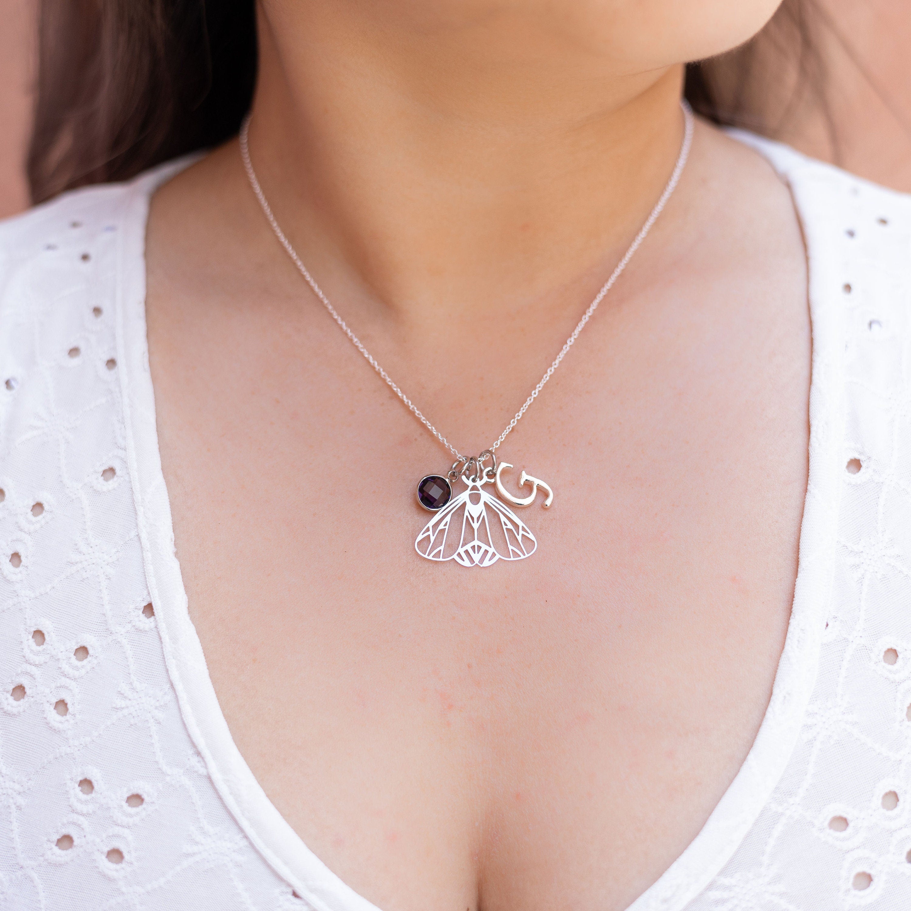 Filigree Moth Necklace: Personalised Birthstone Initial, Gothic Jewellery