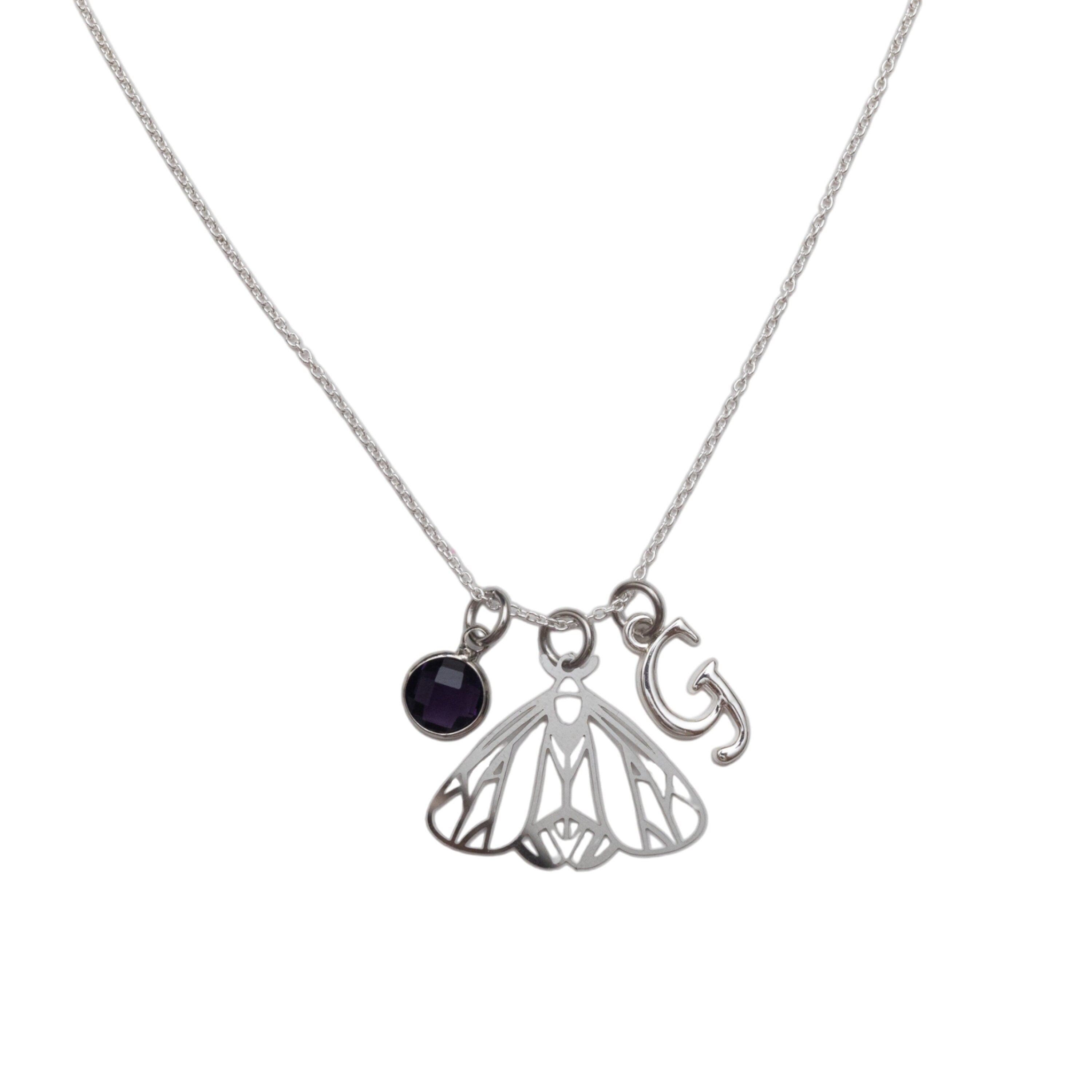 Moth necklace, personalised gifts, birthstone initial, filigree gothic jewellery, Halloween 2025, insect accessory, cicada gift, wing forest