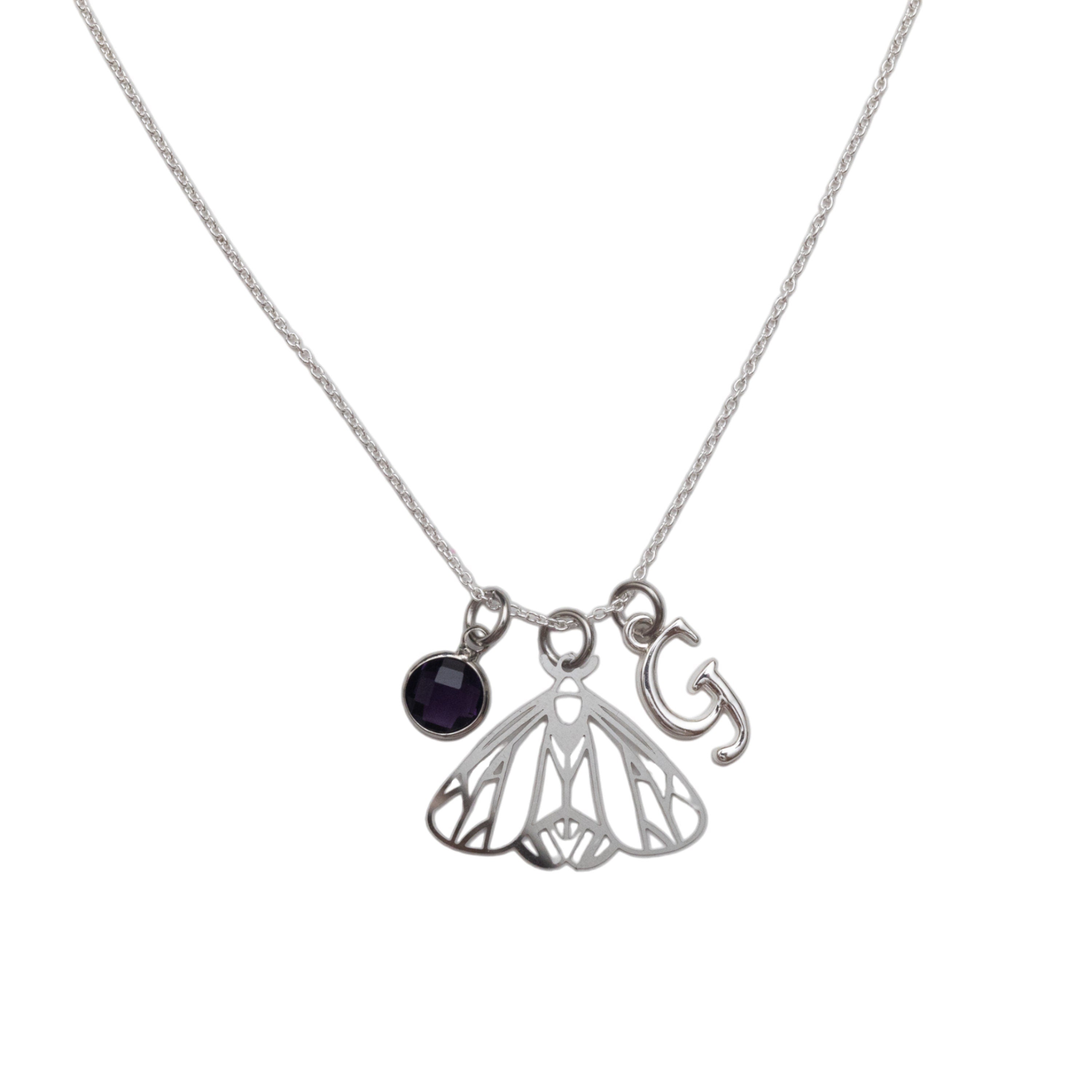 Filigree Moth Necklace: Personalised Birthstone Initial, Gothic Jewellery