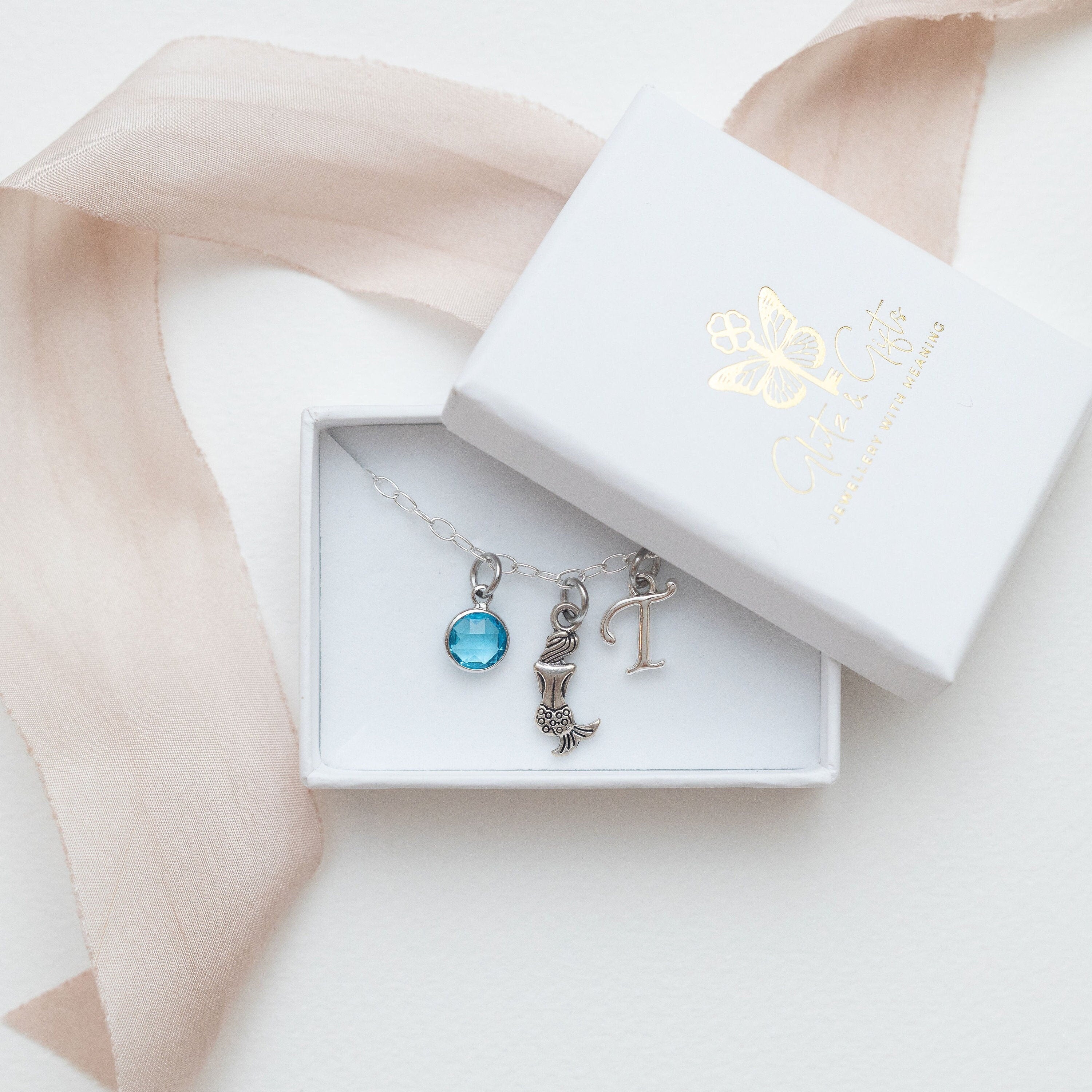 Mermaid bracelet, personalised gifts, sea ocean jewellery, birthstone initial charm, swimming gift, beach lover, fantasy folklore, mystical