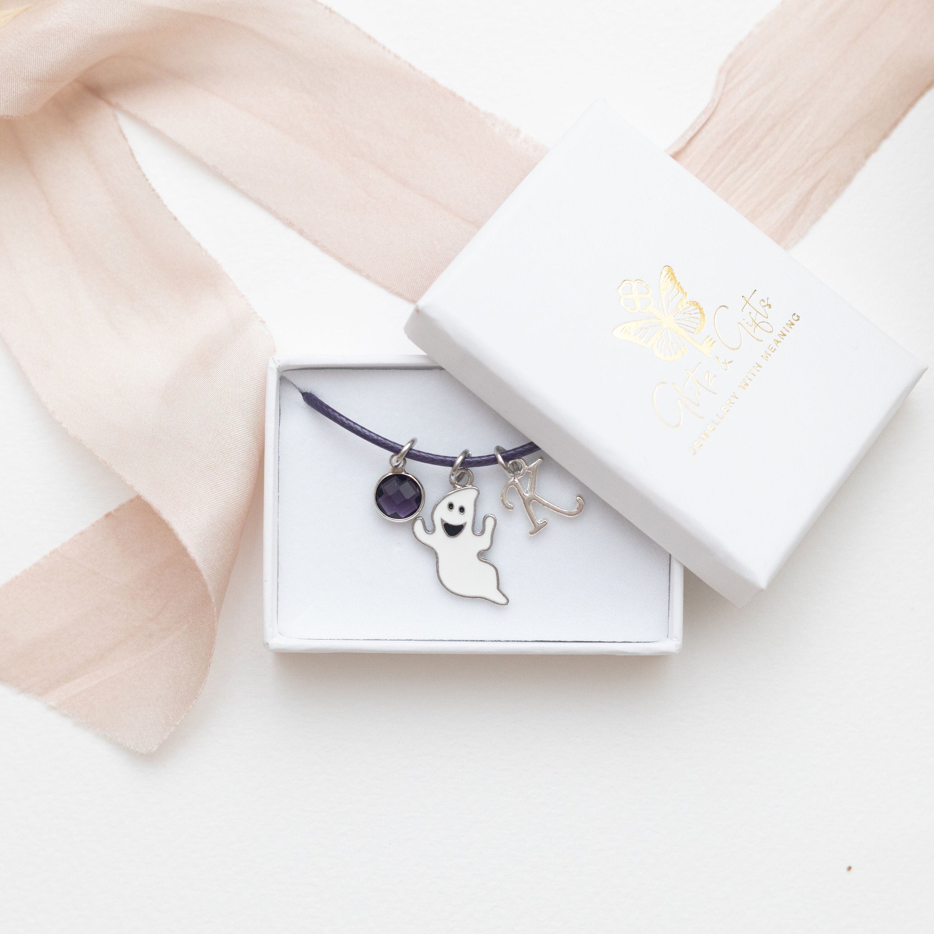 Ghost bracelet, waxed cord adjustable, personalised gifts, Halloween jewellery, spooky season charm,  October birthday gift, ghost hunter