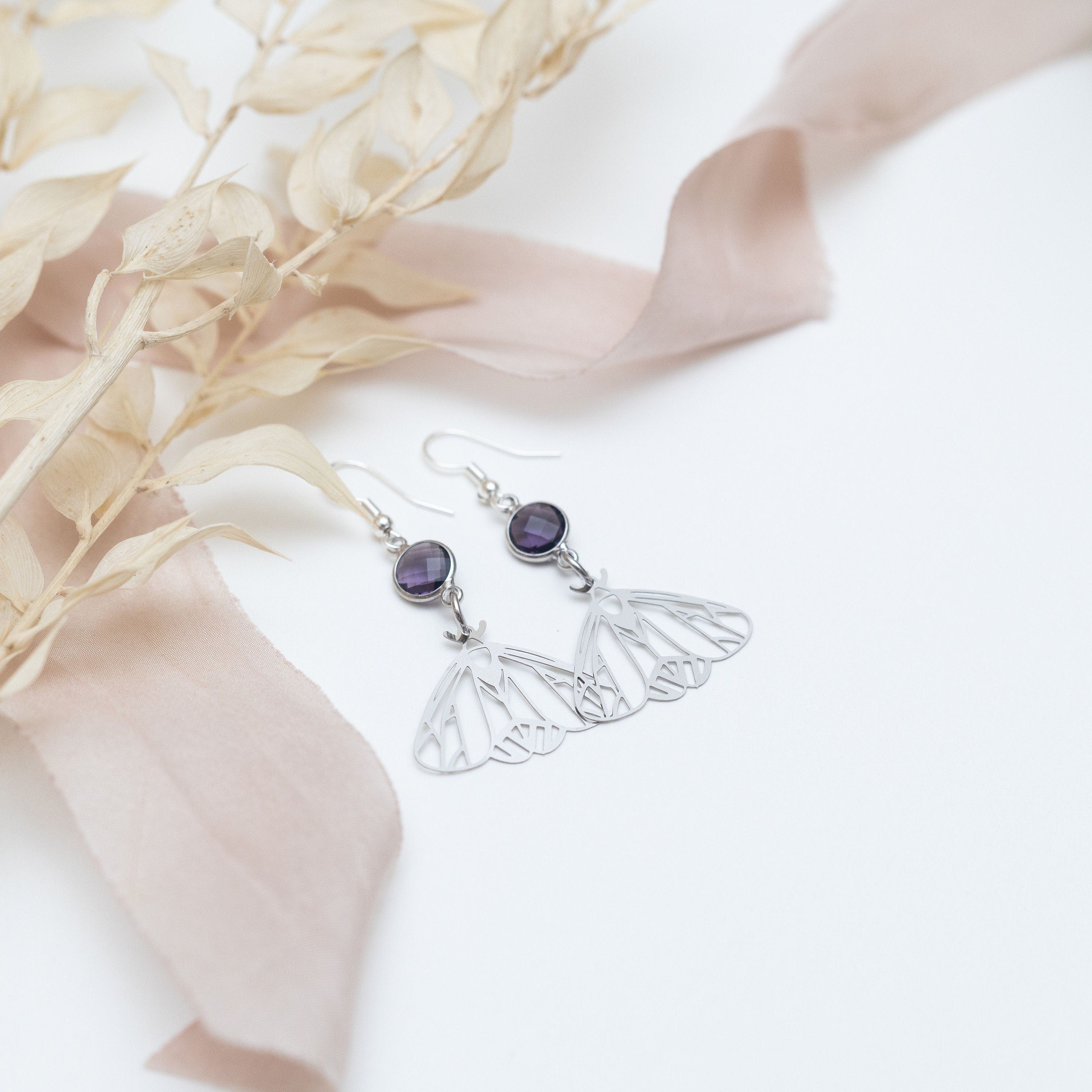 Moth earrings, birthstone charms, personalised gifts, filigree gothic jewellery, Halloween 2025, insect accessory, cicada gift, wing forest