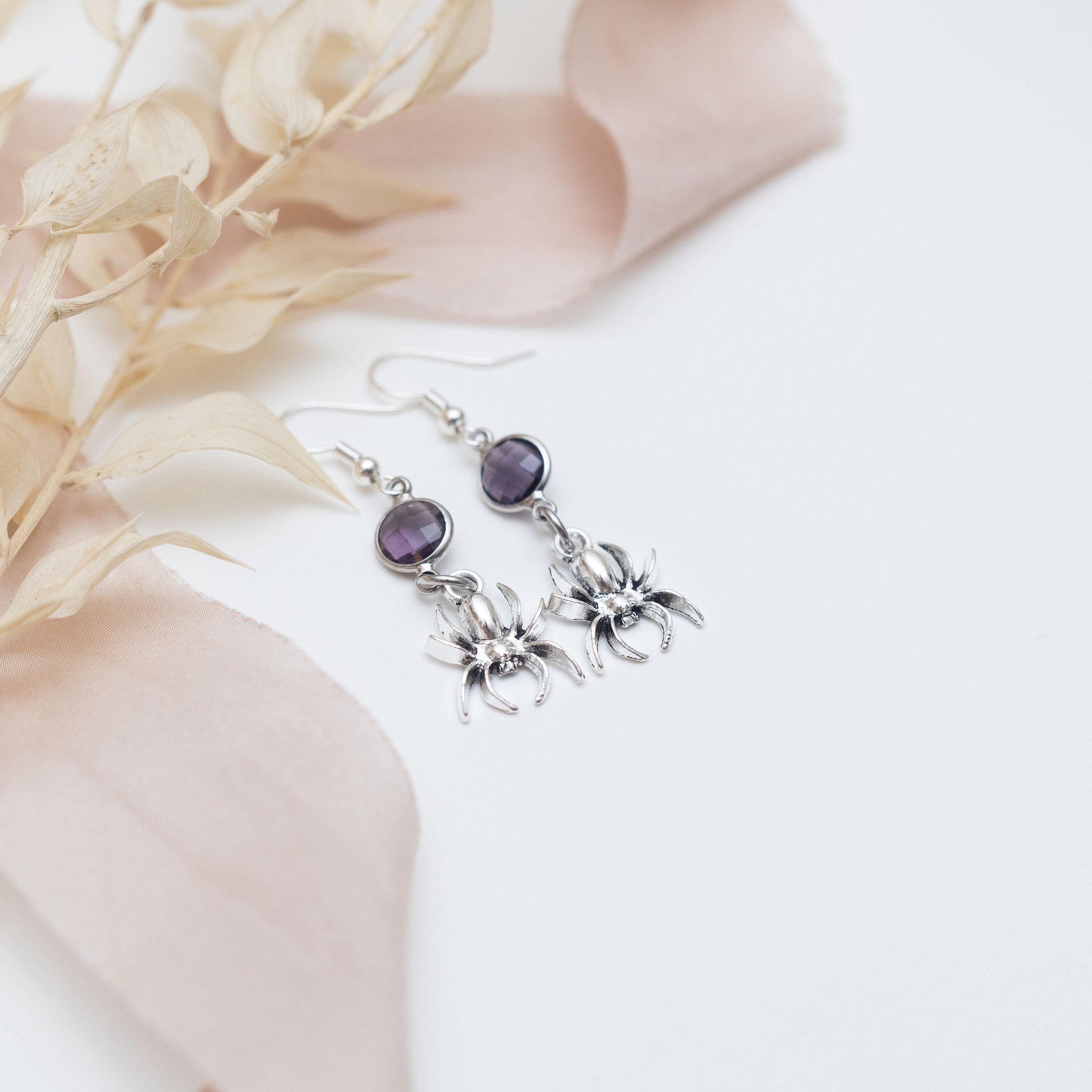 Spider earrings, birthstone jewellery, personalised gifts, tarantula gift, Halloween 2025, arachnid gift, spooky season, insect gift