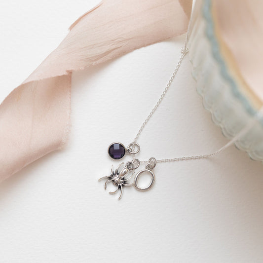 Spider necklace, personalised gifts, birthstone initial, tarantula gift, Halloween 2025, arachnid gift, spooky season, insect gift
