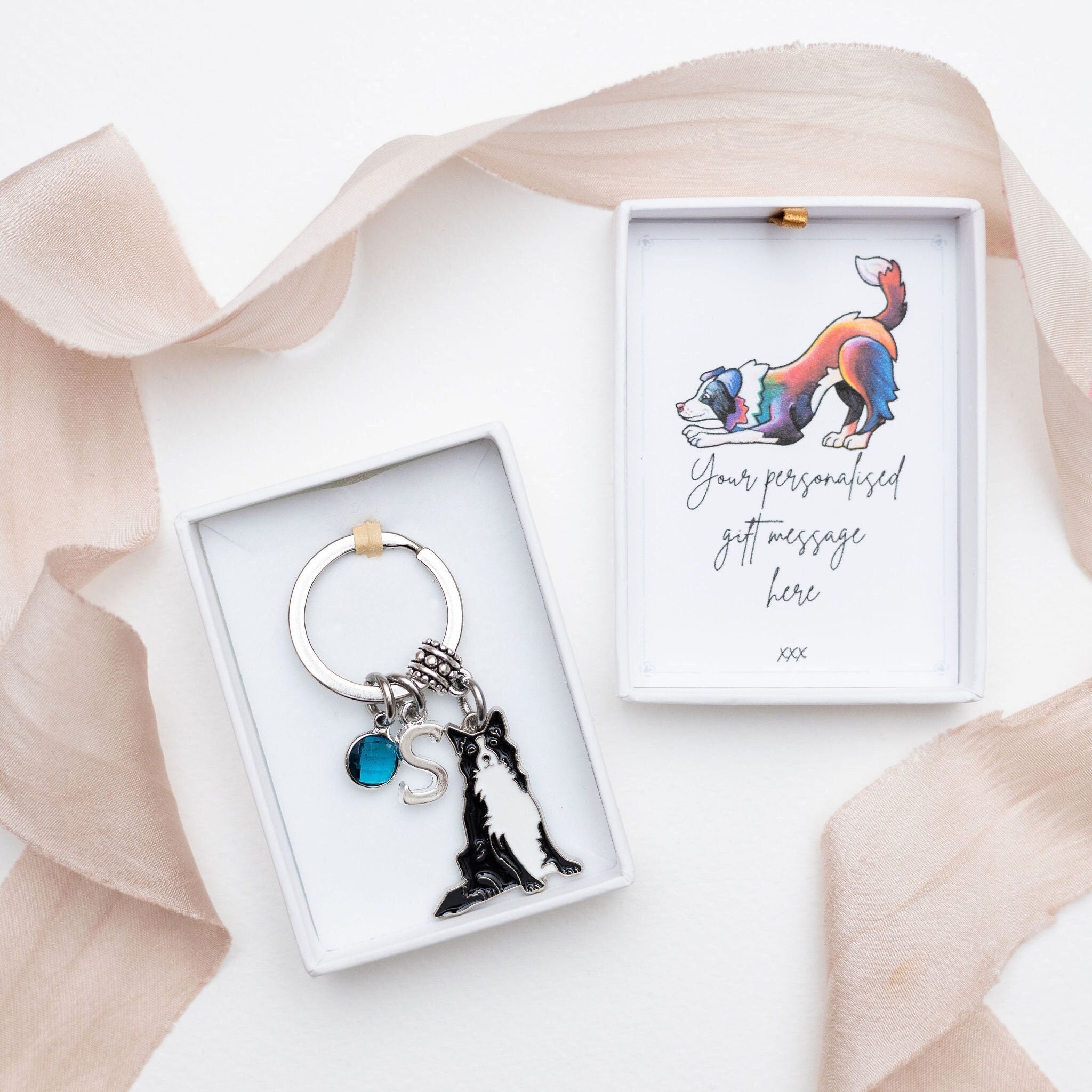 Border collie keyring, personalised gifts, birthstone initial, animal bag charm, sheep dog owner, new puppy, pet loss memorial