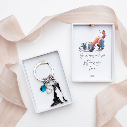 Border Collie Keyring: Personalised Initial & Birthstone Charm