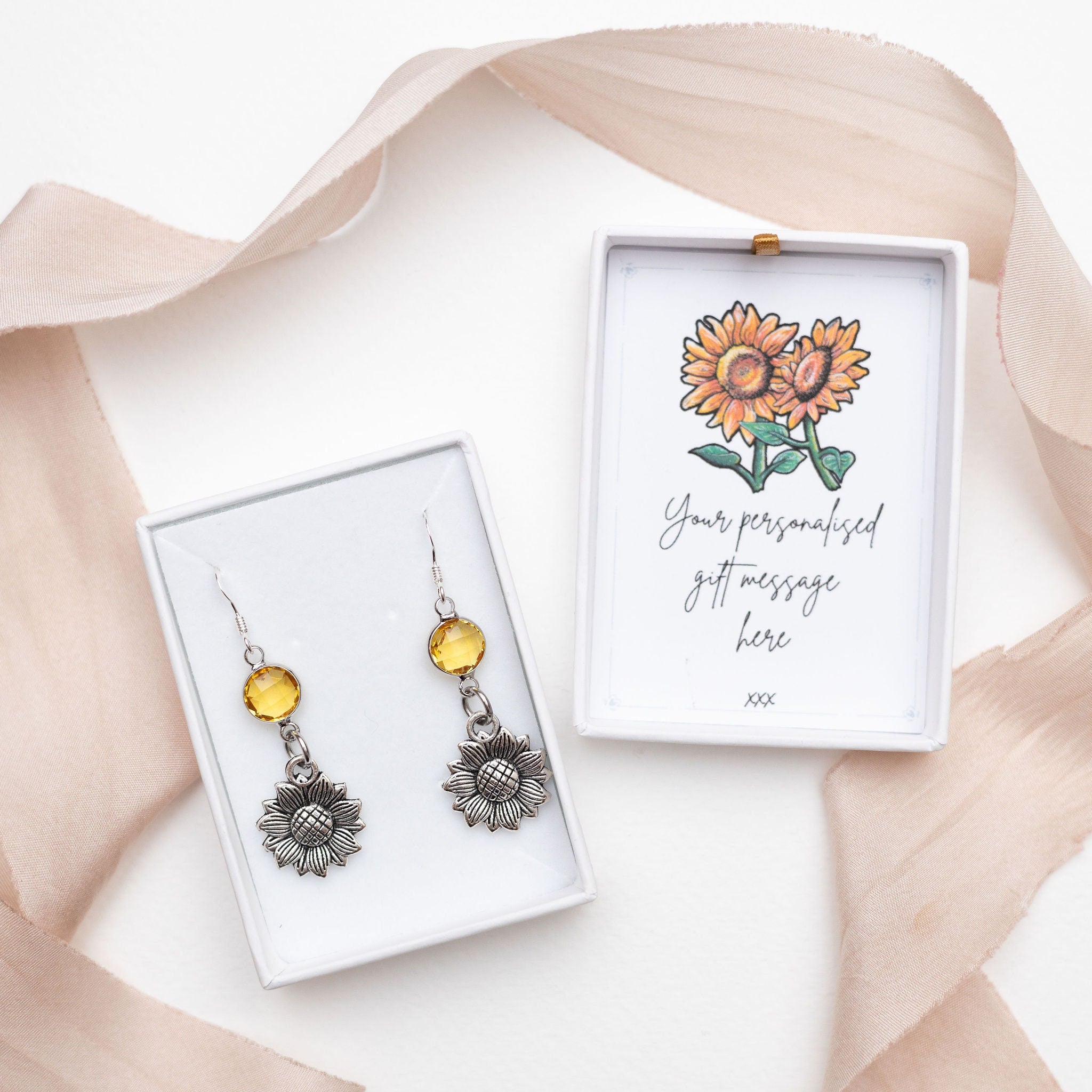 Sunflower earrings, birthstone jewellery, personalised gifts, flower theme gifts, yellow stone, floral accessory, gardener gardening gift