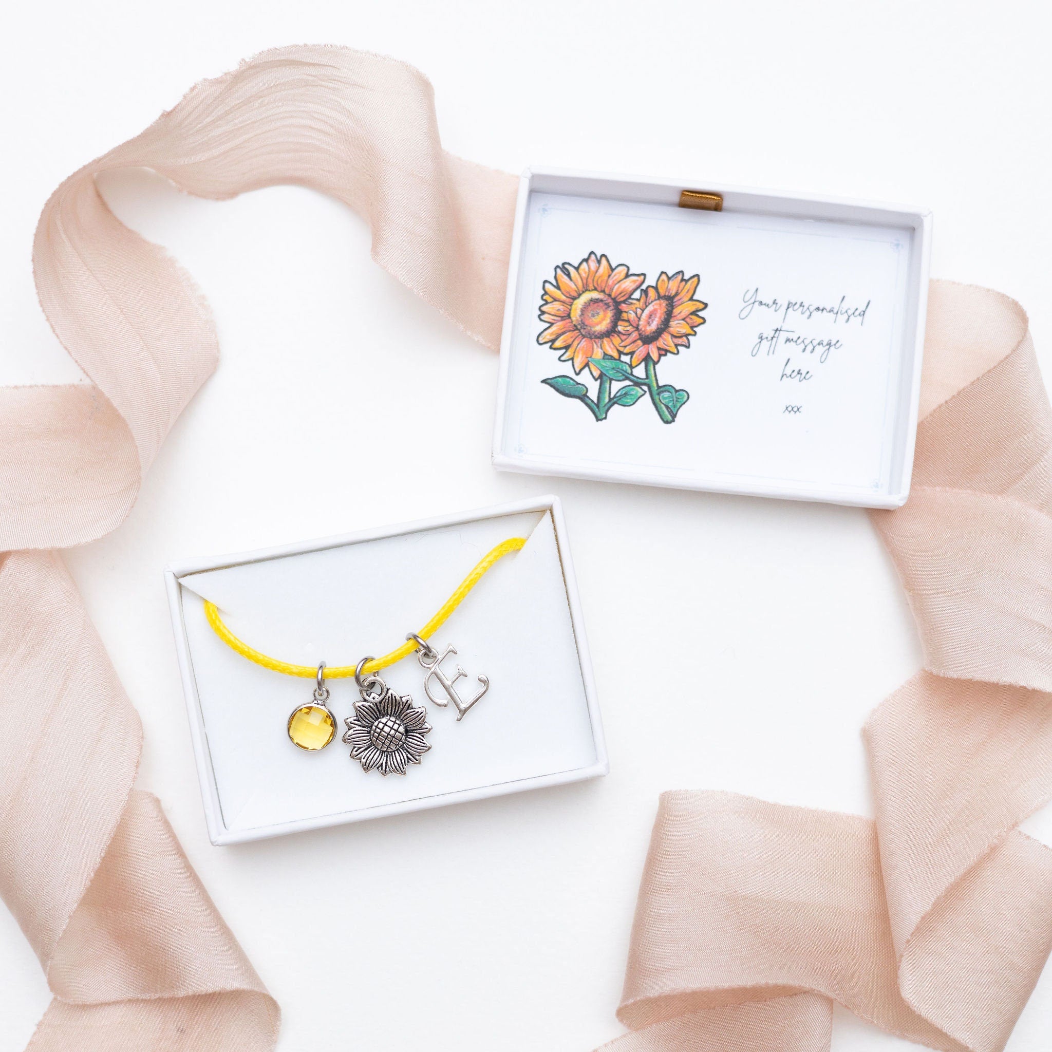 Sunflower bracelet, waxed cord adjustable, personalised gifts, flower jewellery, gardener garden gift, friendship friend birthday